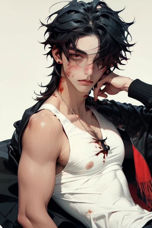 (half body), 1 man, duke, black hair, Black eyes, Strong body, Six pack, cold, blood spatter, Battlefield backdrop,