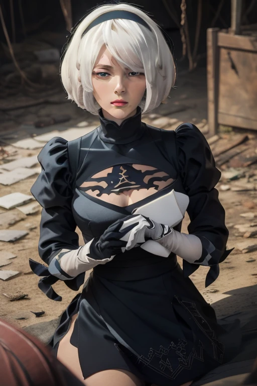 2B Nier Automata,Bobcut, Gray Hair,Long sleeve, Juliet Sleeve, White gloves, turtleneck, bangs, Feather ornament, Feather ornament sleeves, Blindfold, Black Goth Dress,Bird's-eye view,Japanese Ultra HD,super high quality,masterpiece,Digital SLR,Photorealistic,Detailed details,Vivid details,Depicted in detail,A detailed face,Detailed details,Super Detail,Realistic skin texture,Anatomical basis,Perfect Anatomy,Anatomically correct hand,Anatomically correct fingers,Complex 3D rendering,Sexy pose,Rainy Sky,Beautiful scenery,Fantastic rainy sky,Fantasy worldview,Picturesque,Pink Lips,Black butterfly々Fluttering,A ruined world,A devastated battlefield,ruins,