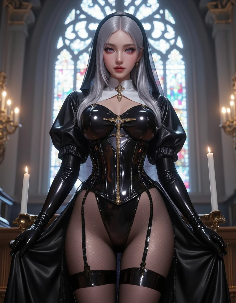 (ultra detailed,extremely detailed),(photorealistic artwork:1.37),(extremely detailed CG unity 8k wallpaper),(intricate),(masterpiece),(best quality),(intricate background),photo realistic,analog style,((intricate detail)),(((realism))), Dynamic shot, dynamic angle, (multiple characters), ((3 females)), (((A picture of 2 beautiful succubus dominating sexy nun on a leash))), in nuns crowd, ((2 demon females and a nun)), (nun, bent, legs spread, chain tied, chained, chain between legs, ass exposed, scared, obedient, insecure, burning halo, ), (2 beautiful female demons around, dominating, standing above, holding halo, power pose, fingering, hand in panties), demons, beautiful succubuses, horror, dark, sexy, rough domination, domination, bdsm, golden chains,(golden leash), collar, beautiful bodies, slim, highly detailed faces, horns, horny, scared, stockings, (white silk lingerie underwear, white stockings, white gloves), leather tight boots, camera angle from below, looking up, closeup, blue light, blue tones, highres, sharp focus,
