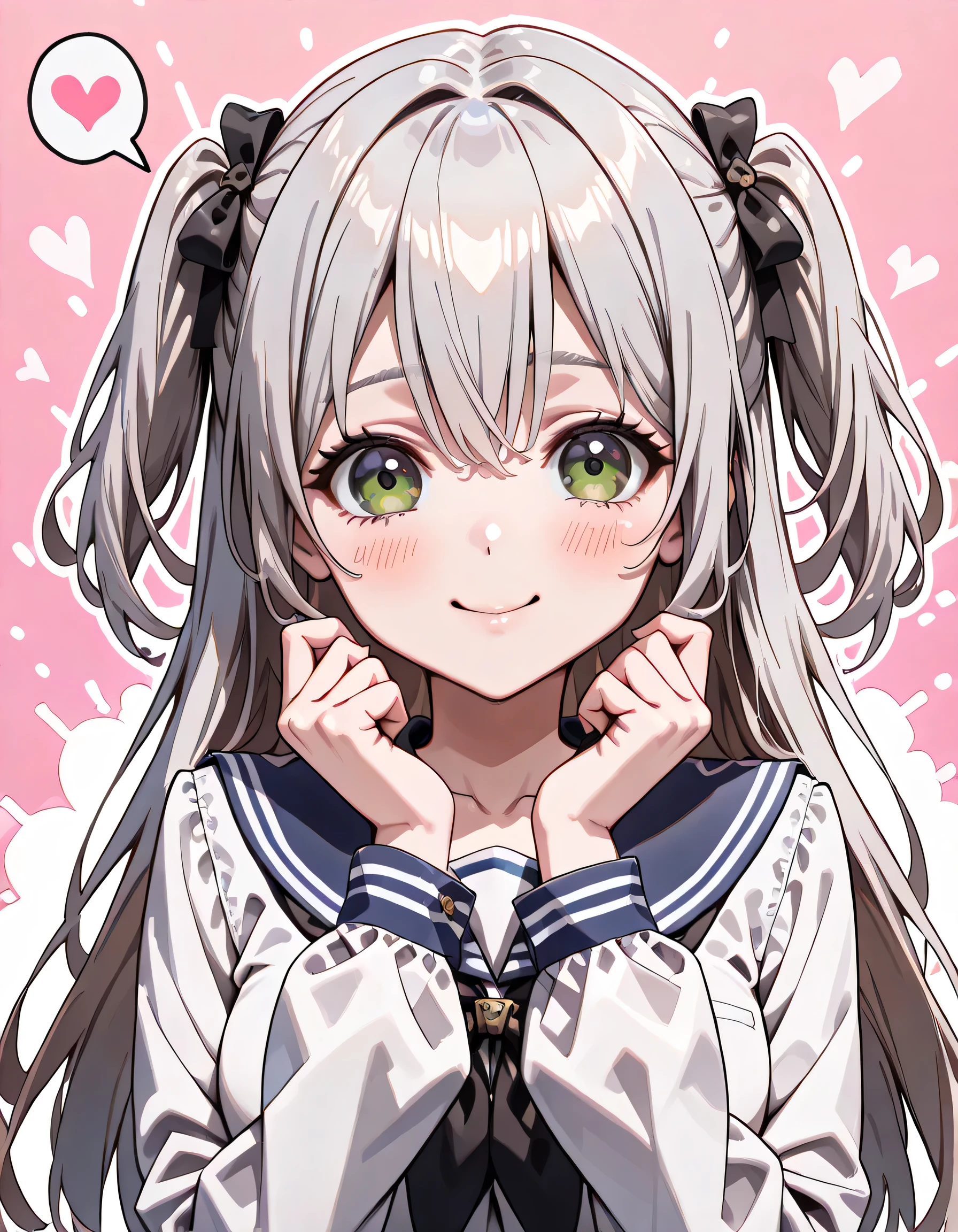 ((ultra-detailed)), (highly detailed CG illustration), (best quality:1.2), ultra-highly detailed, colorful composition, artistic photoshoot, 1girl, solo focus, ((upper body:1.4)), moe anime character, age girl, dainty facial structure, (baby face), (round face), ((rounded chin:1.2)), celia-default, celia claire, (blue eyes), ((silver hair color)), ((two side up hair)), ample breasts, school uniform, sailor suit, traditional Japanese style with navy blue and white colors, ((smile:1.4)), ((happy:1.4)), ((joyful:1.4)), ((cry with joy:1.4)), ((blush:1.4)), ((looking viewer)), ((spoken Heart:1.4)), ((pink heart background)), from front, best quality, masterpiece, expecting, pink cheek, blush, light pink gloss slip, portrait, depth of field, soft lighting, sidelighting, (shine), lighting, caustics, ray tracing, smile, perfect face, lustrous skin, highly detailed face, highly detailed eyes, perfect face, perfect nose, perfect hair, perfect eyes, perfect anatomy, beautiful hair, beautiful small face, extremely detailed face, beautiful detailed eyes, beautiful clavicle, beautiful body, beautiful ample breasts, leavage, breasts squeezed together, equalize the size of the left and right breasts, beautiful thin thighs, beautiful legs, beautiful fingers, 4 fingers, 1 thumb, lovely, (very detailed background:1.0), (highly detailed background:1.0), spring aesthetic, intricate details, joyful atmosphere, spring colors palette, chromatic aberration