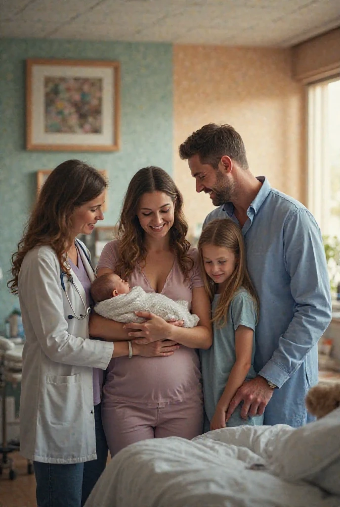 A middle-aged man sits between two cheerful pregnant women who are both smiling warmly. They are sitting in a cozy living room with soft lighting from a bay window in the background. The middle-aged man has his hands gently placed on the women's bellies. The women are wearing matching elegant pink dresses with delicate lace details. The atmosphere is filled with warmth and affection, highlighted by the evening sunlight streaming through the bay window.