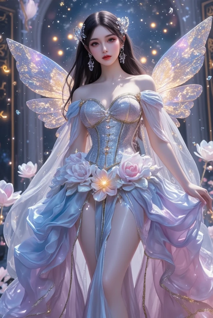 Welcome to the fantasy unknown country，（The female elf guides you，anatomically correct，Accurate and perfect European and American cartoon girl face），A kind smile，Transparent beautiful girl，beautiful fairy，Small ears，fly around，kaleidoscopic，在成千上万的紫色和红色flowers中，digital illustration，complex，Uptrend，pastel colors，painting，Award-winning photography，Bokeh，depth of field，hdr，flowers，Color difference，Realism，Very detailed，Art Station Trends，CG social trends，complex，high detail，drama，midway art