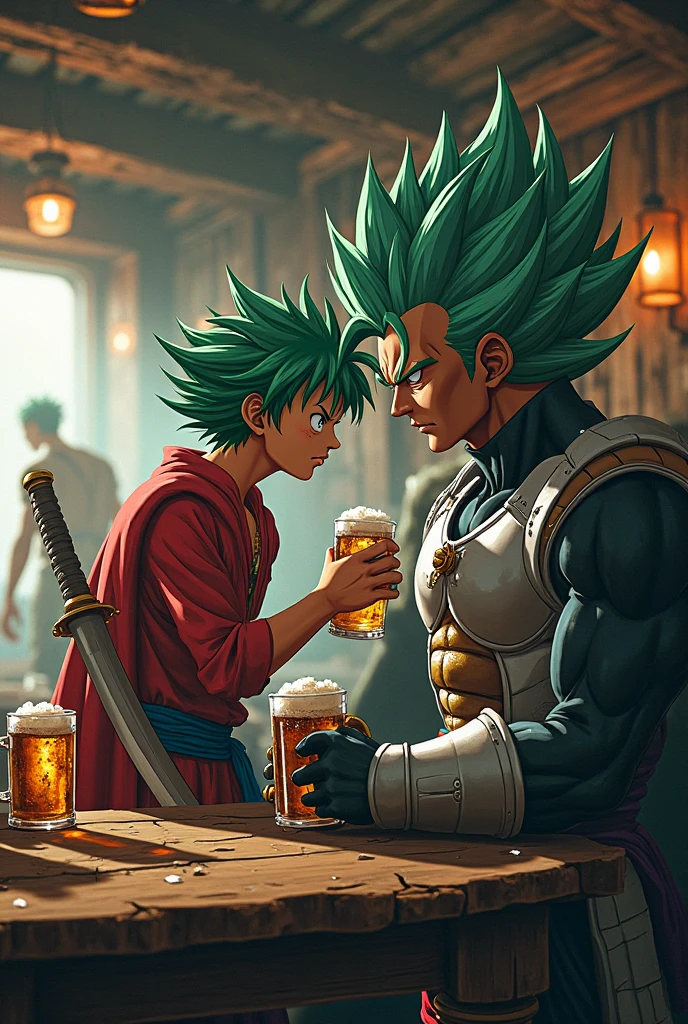 Create an image of Vegeta from DBZ with black hair drinking tequila with Mexican singer Vicente Fernandez wearing mariachi clothes in a cantina. Let it be seen that Vicente is MEXICAN