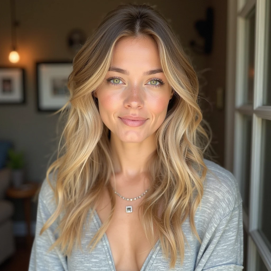 Beautiful women, adult, big blonde hair, thin lips, hollow chics, perfect jawline, white skin, quite soft smile on face, ((close up photo))