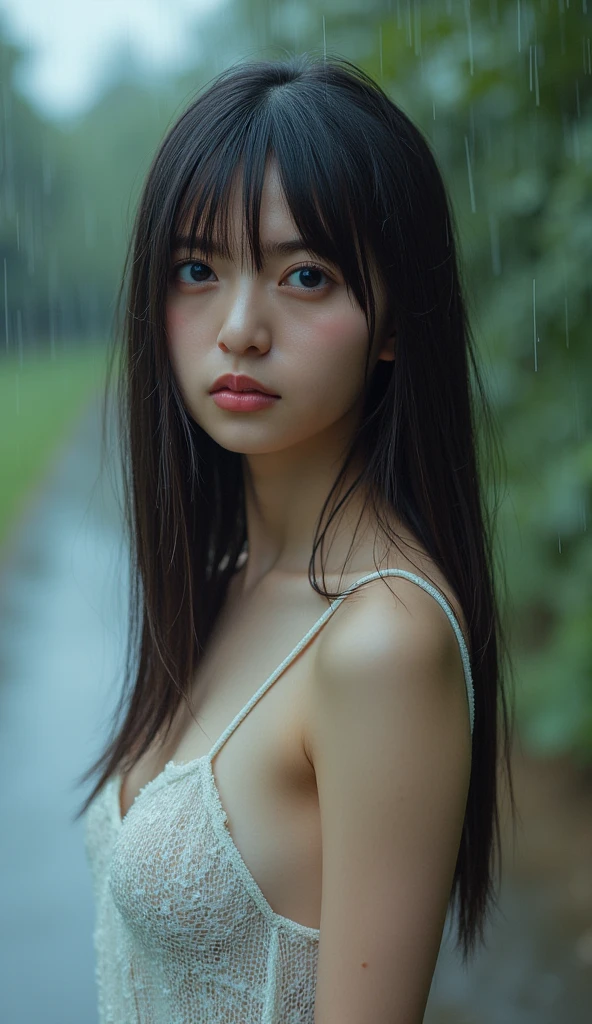 A naked young woman stands alone crying、heavy rain、In town