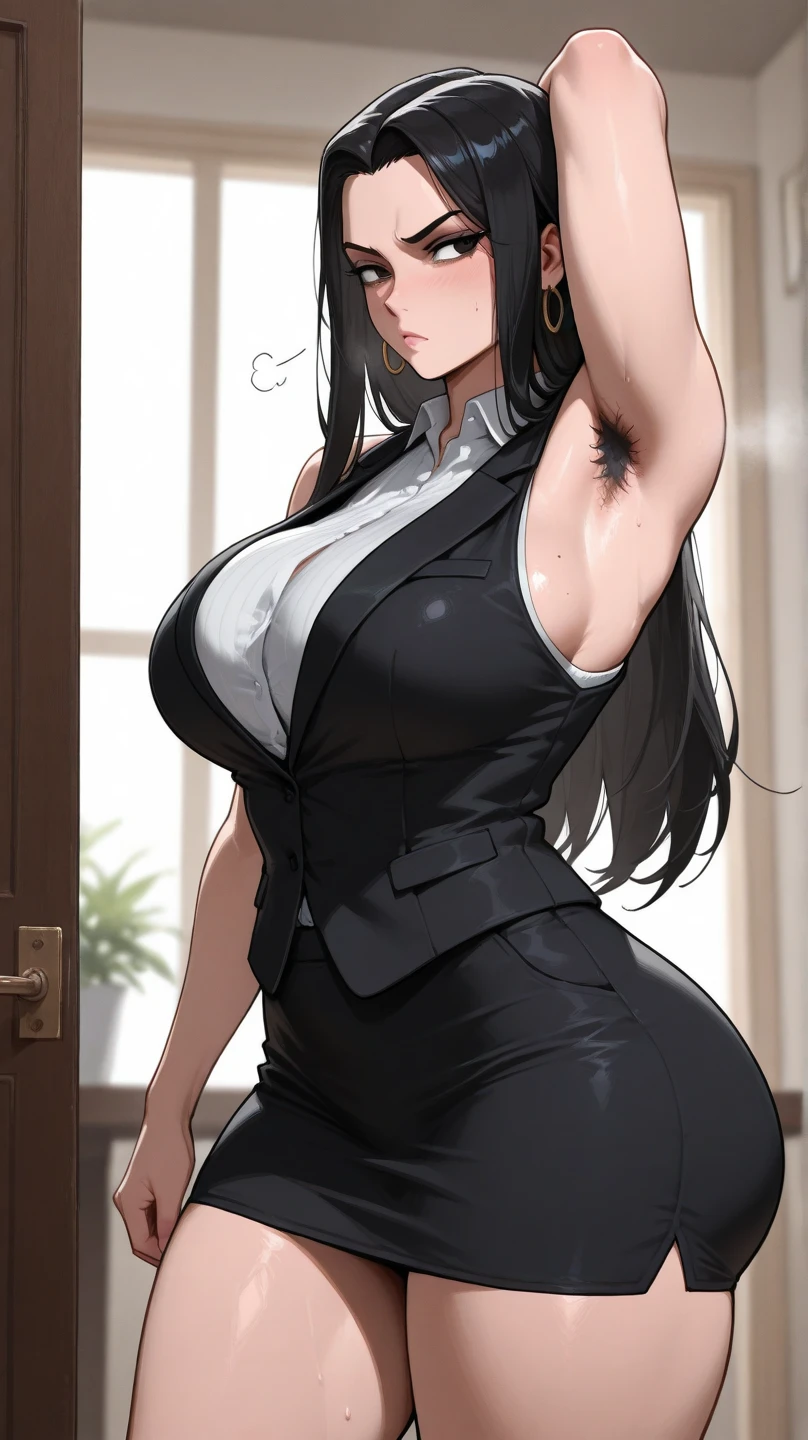 La mejor calidad, Mujer madura, pechos gigantes, gigante, very curvy, Cola de caballo alta, ojos negros, labios carnosos, seductor, Uniforme principal, Blazer negro, White button up, pencil skirt, escote expuesto, sujetador rojo de encaje