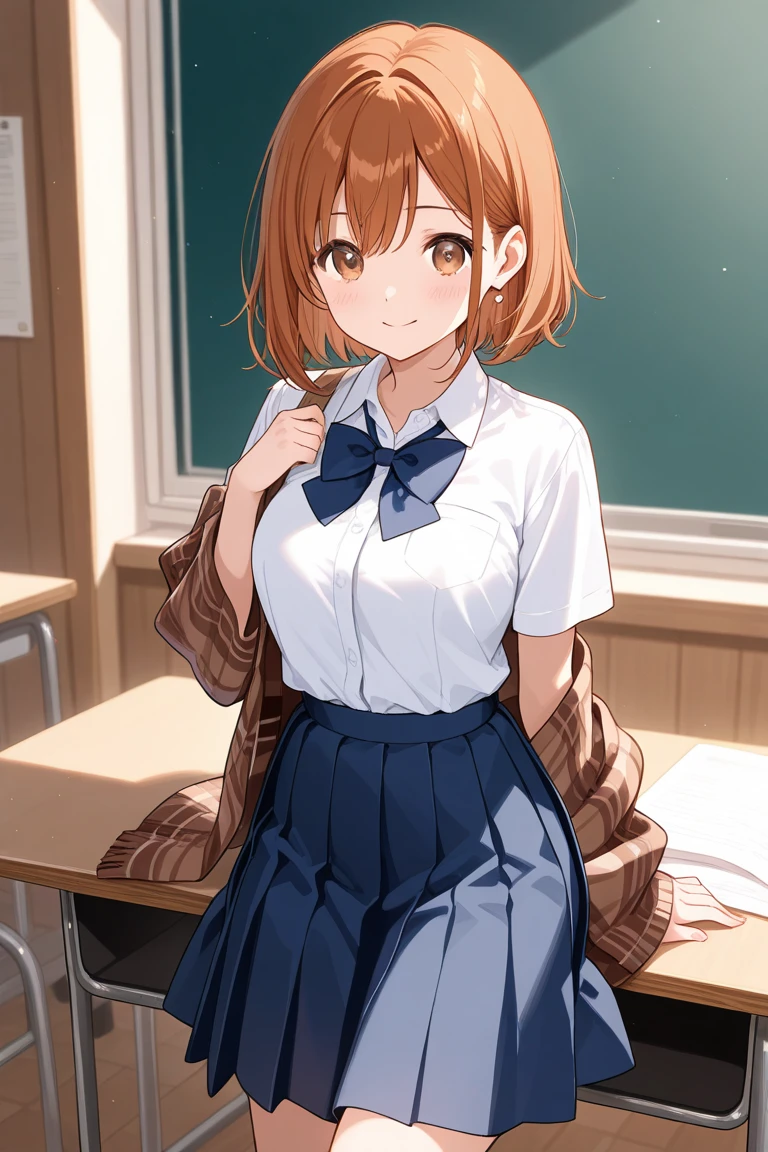 irohaisshiki, Iroha Isshiki, short hair, Brown Hair, (Brown eyes:1.5), happy smile, smile, Open your mouth,smile,blush,Sweat,Wet Hair,Wet Skin,Wet clothes,True Summer,Clear skies,Daytime,I put my hands on the desk and look up,
break skirt, shirt, Short sleeve,ribbon, , Jacket, white shirt, socks, Plaid, Knee-high, Plaid skirt, black socks, So that the whole body goes into the illustration,
break indoors, classroom,
break looking at viewer,(Cowboy Shot:1. 5)
break (masterpiece:1.2), highest quality, High resolution, unity 8k wallpaper, (figure:0.8), (Beautiful fine details:1.6), Highly detailed face, Perfect lighting, Highly detailed CG, (Perfect hands, Perfect Anatomy),