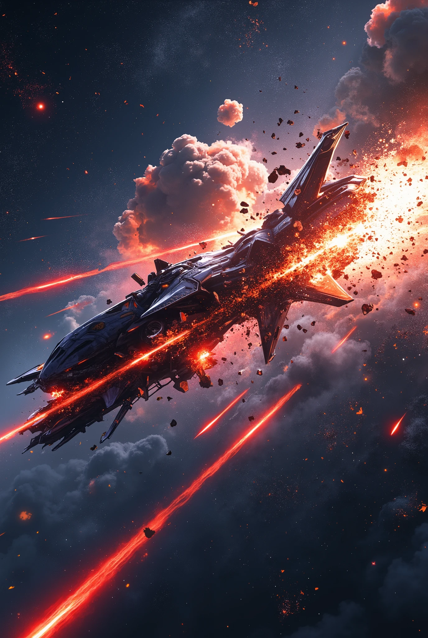 spaceship got shotted at by a giant laser beam, explosions, and debris in space, spaceshipp split in two, laser blast tearing through the spaceship and breaking them down