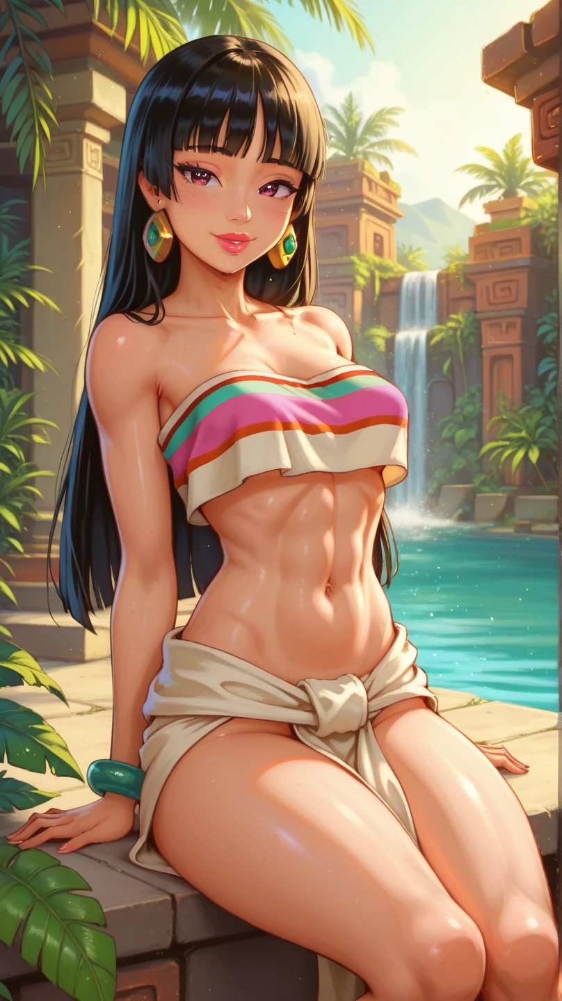 chel,1 chica, solo, pelo largo, senos, mirando al espectador, sonrisa, golpes, pelo negro, escote, hombros descubiertos, Brown eyes, joyas, pendientes, diafragma, piel oscura, blunt golpes, pulsera, mujer de piel oscura, top corto, sin tirantes, constituir, pelvic curtain, parte superior del tubo, taparrabo (obra maestra:1.2), (mejor calidad), (ultra detallado), (8K, 4k, Intrincado),muy detallado:1.2),(cara detallada:1.2), (antecedentes detallados),paisaje detallado, (dynamic angle:1.2), (dynamic pose:1.2),