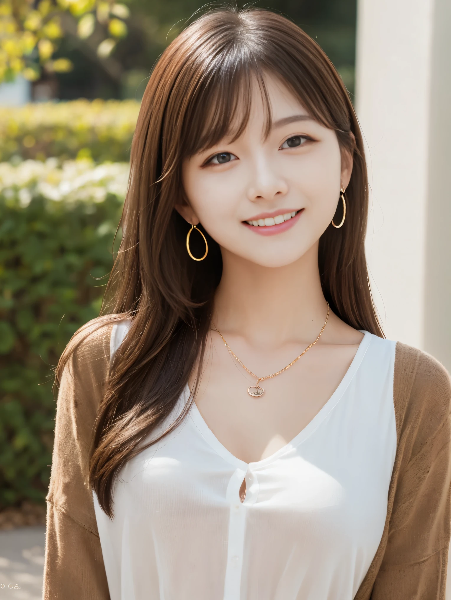 ((masterpiece:1.1, highest quality:1.1, 32K HDR, High resolution)), (1 girl, alone), (full body:1.5, (Clothes with emphasis on the chest:1.2),Red high neck knit:1.6,denim、long sleeve)、BREAK、big breasts:1.4)walking, perfect slim body:1.1), highly detailed face, Big eyes:1.2,hanging eyes, realistic skin texture, fine skin、 shiny skin, looking at the viewer, light brown hair, straight hair,Smile with all your might:1.2, big ass、(constriction:1.3)earrings,necklace、BREAK((Cafe))、、from the front,from the frontの照明,20 year old Japanese woman、bangs:1.1,double eyelids:1.3,(nose bridge)