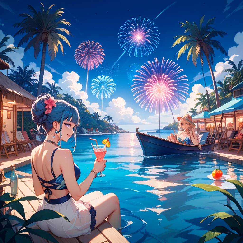 Beautiful woman dancing to Caribbean songs in a luau with a tropical atmosphere at night, stars, beach in the background, party atmosphere, vibrant colors, panoramic view, intricate details, high definition, high resolution, soft lighting