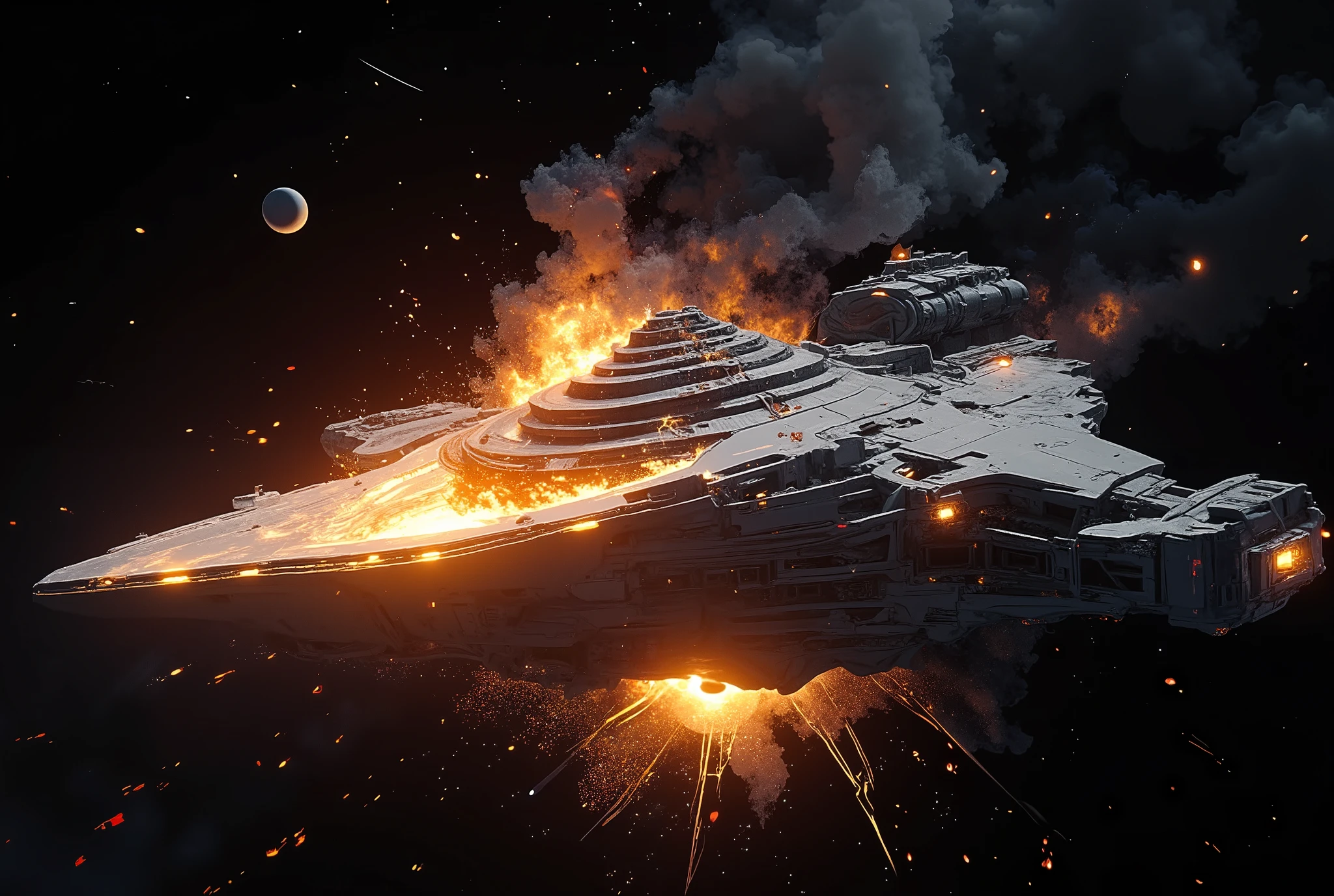vast outer space, large spaceship ,Death Star,Explosion accident,Unprecedented Danger,Shock and Awe, high quality DVD,4K,realistic,professional,Extreme Detailed Description,Physically Based Rendering,Studio Lighting,deep focus,Vivid Colors, bokeh effects , focus on a huge spaceship,Death Star型宇宙ステーションの背景, Moment of Explosion , Critical Situation ,people々Expressions of fear and astonishment,SciFi, Dark ,dramatic, Technology ,Space Opera,SF