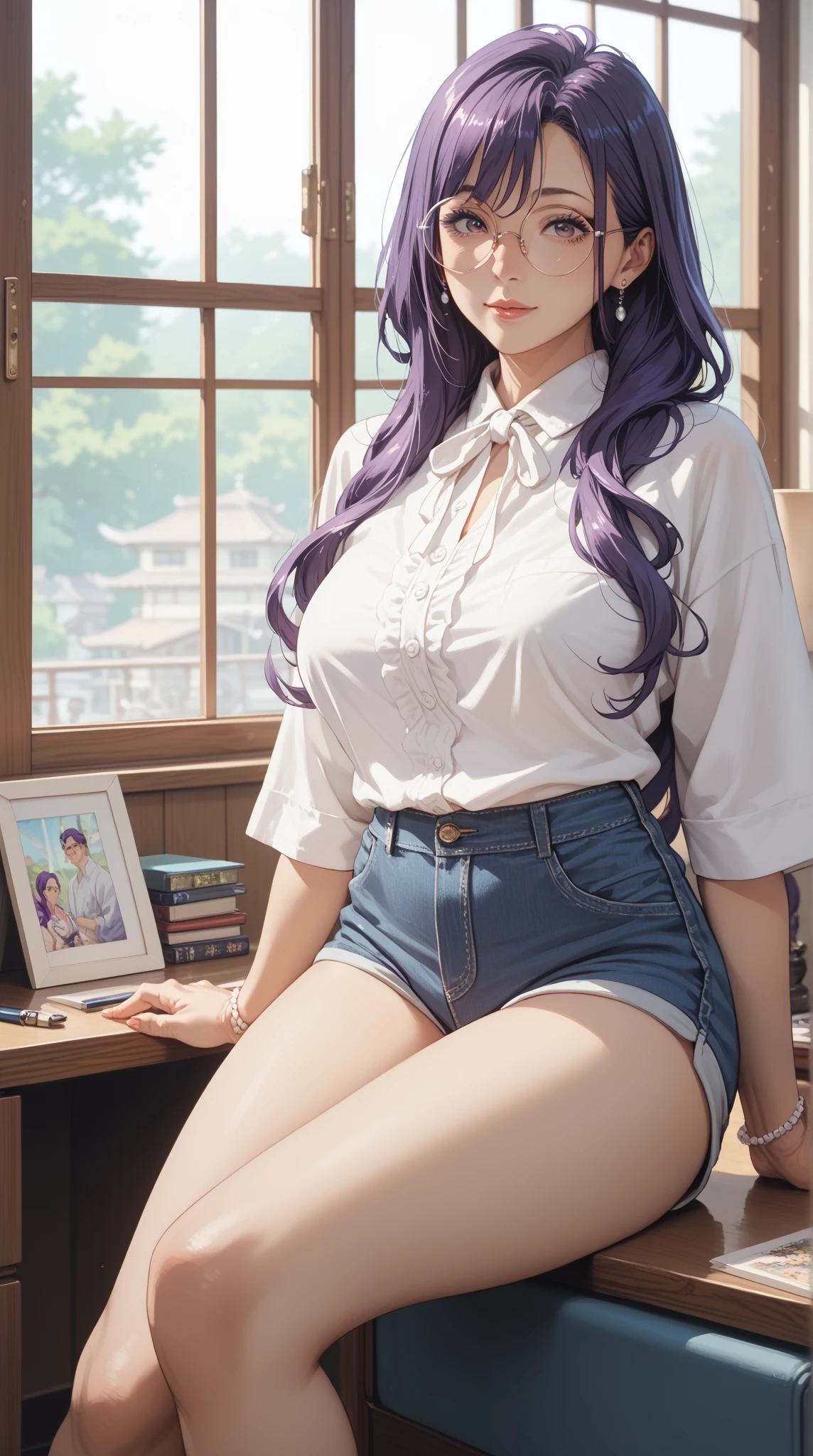 Royal sister,Long purple-gray hair,Half naked short sleeves,bath,blush,plump thighs,looking away up,Stand Up Straight,pant,Lace white fishnet stockings,Short shorts,Keep your chest up