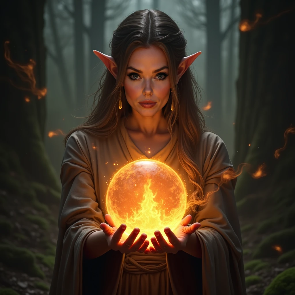 This (realistic fantasy) art contains embers, real flames, real heat, and realistic fire. Generate a masterpiece artwork of a petite female fire druid with large (((orange and gold))) eyes. The fire druid is awe-inspiring with beautiful ((realistic fiery eyes)) alight with confidence and power. Her features are elegant and well defined, with ((soft)) and (((puffy))) and (((smooth))) lips, elven bone structure, and realistic shading. Her eyes are important and should be the focal point of this artwork, with ((extremely realistic details, macro details, and shimmer.)) She is wearing a billowing and glittering gown ((made of realistic flames)) and jewels that glimmer in the fire light. Wisps of fire and smoke line the intricate bodice of the dress. Include bumps, stones, fiery iridescence, glowing embers, silk and satin and leather, an interesting background, and heavy fantasy elements. Camera: Utilize dynamic composition techniques to enhance the realistic flames.