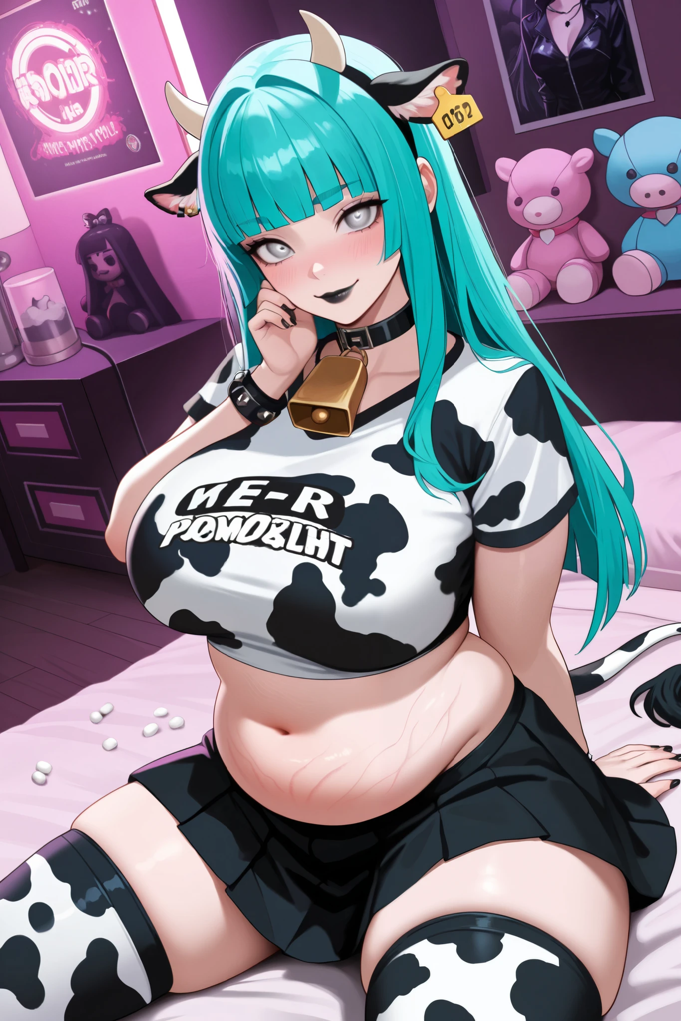 masterpiece, best quality, 1girl, solo, miyabizzz, neon aqua hair, blunt bangs, hime cut, animal ear fluff, cow ears, goth outfit, cow print on thigh highs and collar and bracelets, cow ears, cow horns, collar, indoors, wooden floor, thick thighs, dutch angle, bright grey eyes, bright pupils, cowbell, cow tail, thigh highs, looking at viewer, (hand on own stomach), blush, closed mouth, black lips, goth, fishnet, anime top, long dress, packing peanuts black, inverted cow print colors, plus size, chubby, cute, stomach pudge, stretch marks, tiny half brows, anime logo on top, bell choker, tag on ear blue, anime background theme, crop top has short sleeves, mini skirt, thigh highs are black, leather goth bracelets, black rings, short black nails, anime posters, stuffed animals in background, bedroom, sitting on bed, hearth pupils, cute pose, smiling, she, blushing, black cow fur on ears, anime themed shirt, finger against cheek pressing into dimple, top half of lip is black bottom half light grey like Kim possible lips, cow print ears, neon blacklight themed room with purple and pink and blue colors, 