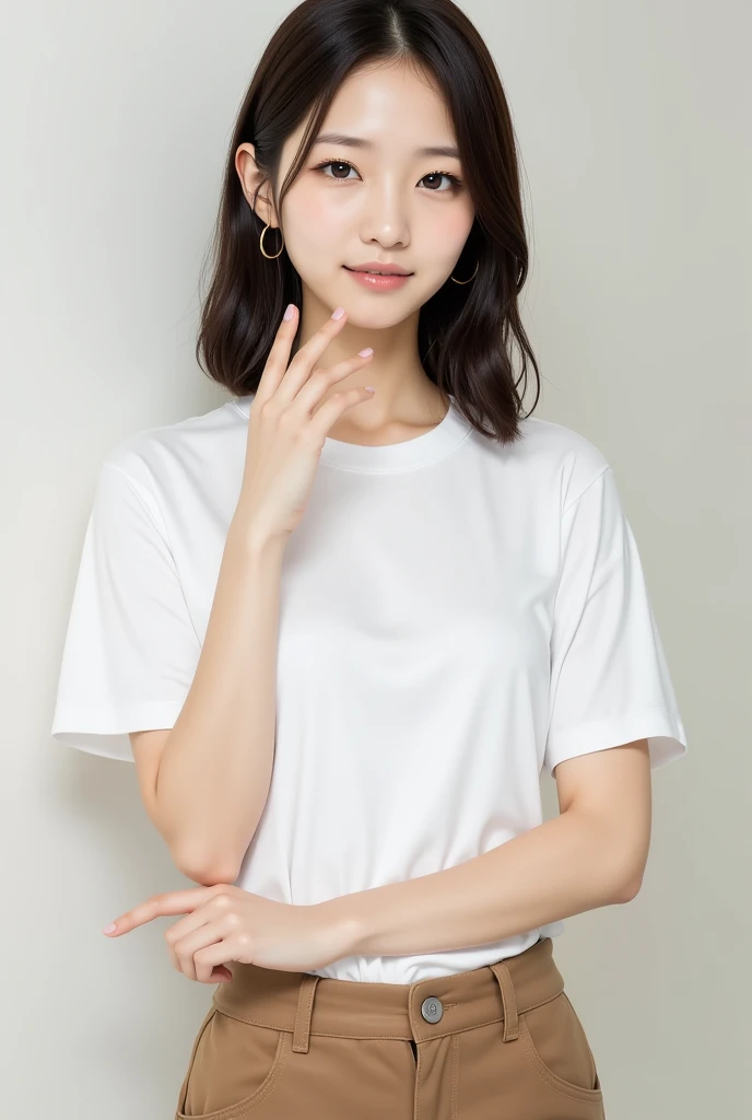 Japanese women, 40s, White background, simple背景,Long Hair、White-brown hair, Slender, 4K, 8K, High quality, Beauty products, EyesBeautiful Eyes, simple, It is high resolution.,1 person,Beautiful Skin,Beautiful Skin、Natural smile、Short sleeve、Wearing a white shirt,