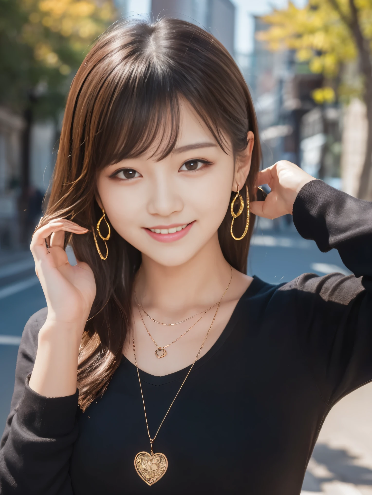 ２０Beautiful young woman of the year、 Korean women、Light brown hair、Wavy Hair、short hair、ear piercing、Necklace around the neck、blouse、smile, Beautiful teeth alignment、Intricate details, Very detailed:1.2), 、 Looking into the camera,The background is the town

