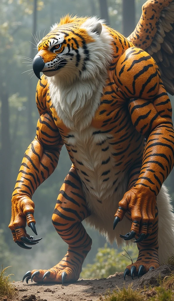 By Taran fiddler, bara, solo, tiger, older male, detsiled face, standing, naked, flaccid penis, wet body, standing in a lake, dynamic angle, close up, camera focus in face