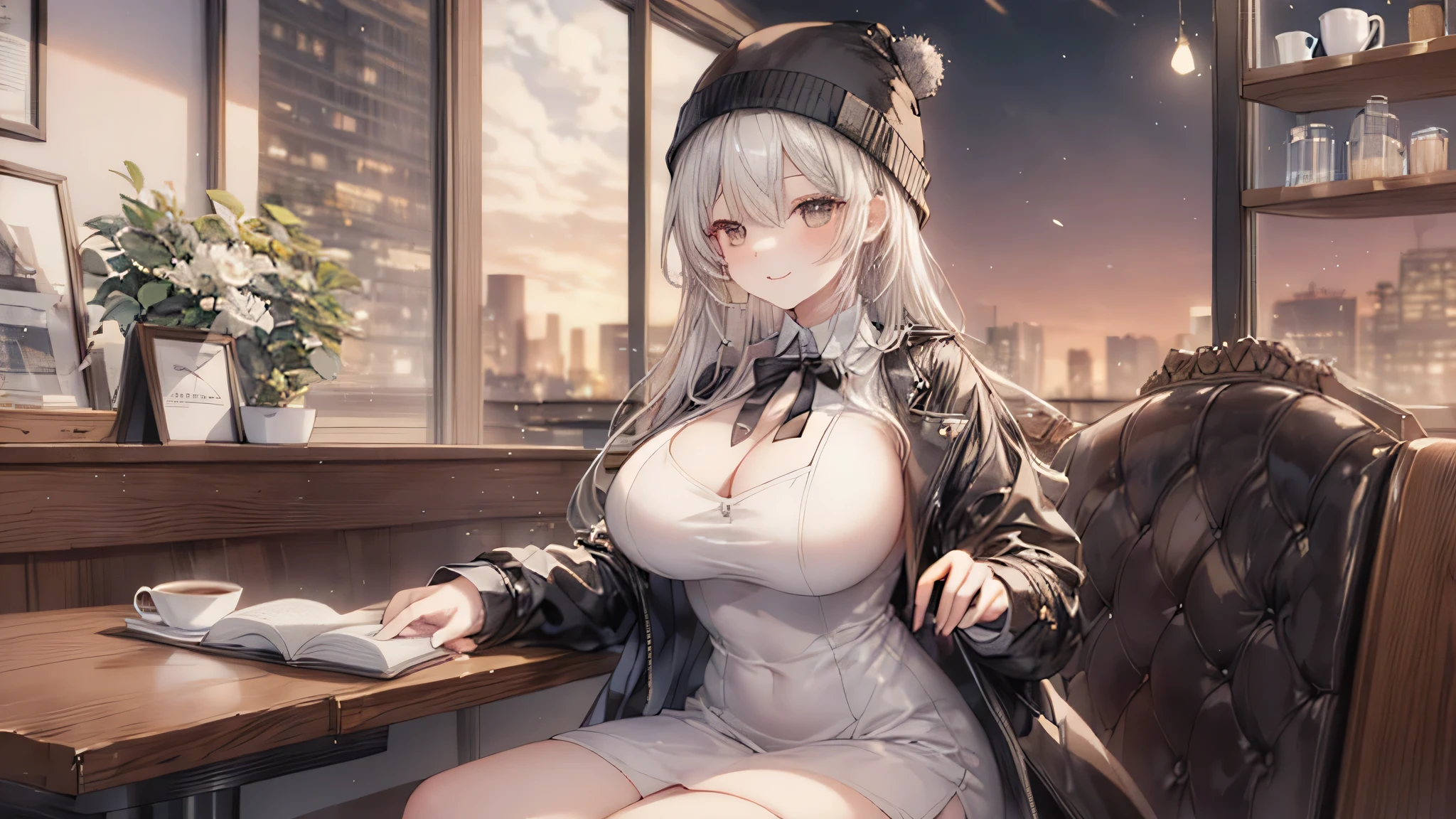 ((Sexy)),(((huge tit)),Fleshy legs,with short white hair,dressed in:black lence stockings,((underdressing)),sitting in the couch