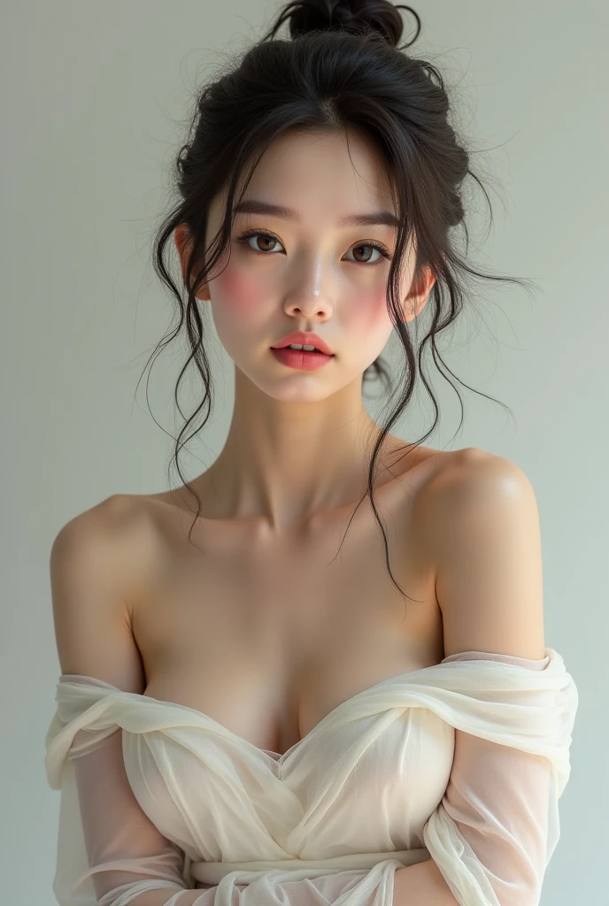 highest quality, masterpiece, ultra high resolution, (realistic:1.4), Raw photo, 1 girl aged 18, simple gray background, ((naked、ballerina、I can see the cleavage、lean forward、off shoulder、)), looking at the viewer