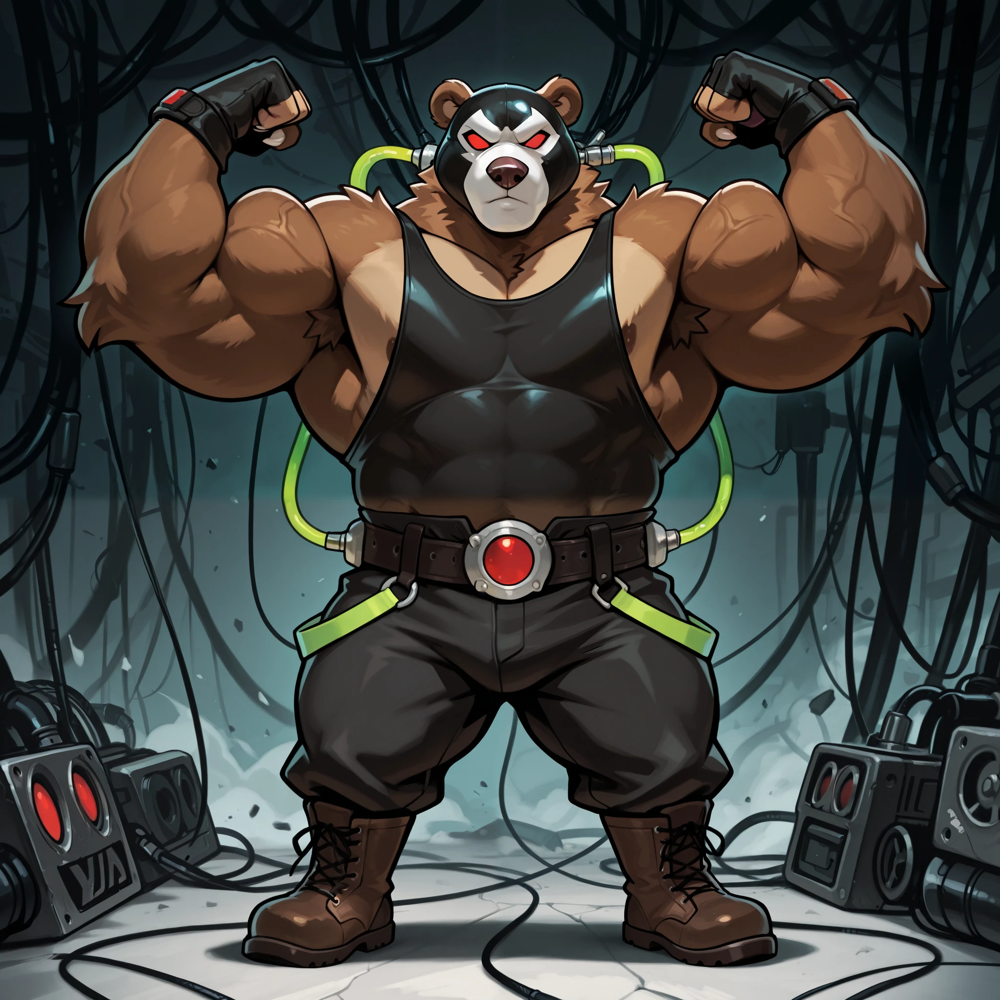 score_9, score_8_up, score_7_up, masterpiece, high quality, BREAK,
bne, mask,red eyes, blank eyes, tube, cable, top, veins, fingerless gloves, belt, black pants, boots, flexing, uncensored, no mouth, nose, lips, solo, Kodiak brown bear, brown fur, bear ears, thick arms, huge arms, 8ft, 350lbs
