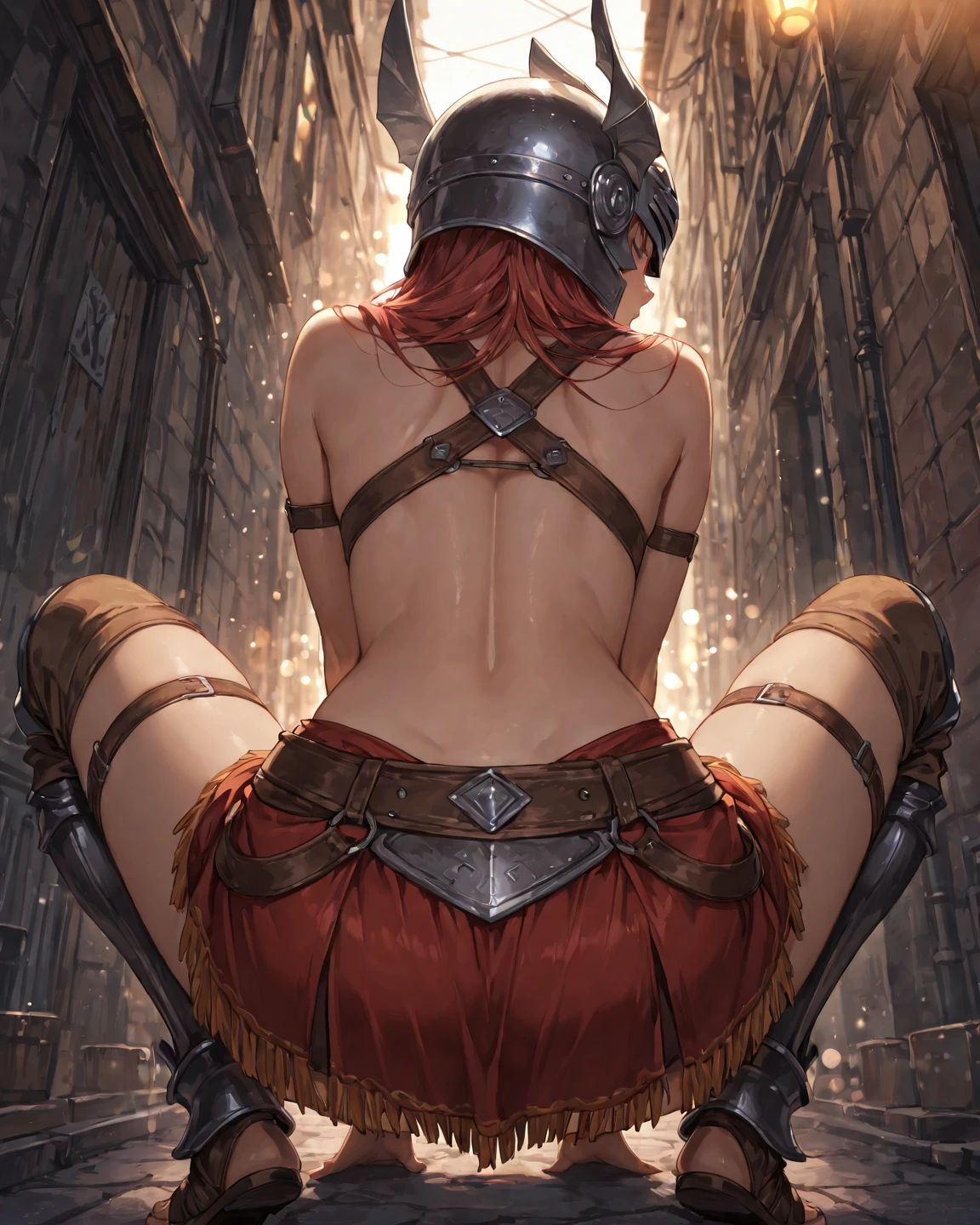 Ultra realistic, masterpiece, 8k, redhead warrior, armor, medieval costume, d&d, steel breastplate, steel gauntlets, steel boots, 1 girl, back, leaning forward, white panties, panties appearing, thong, upskirt, pantyshot, snfw