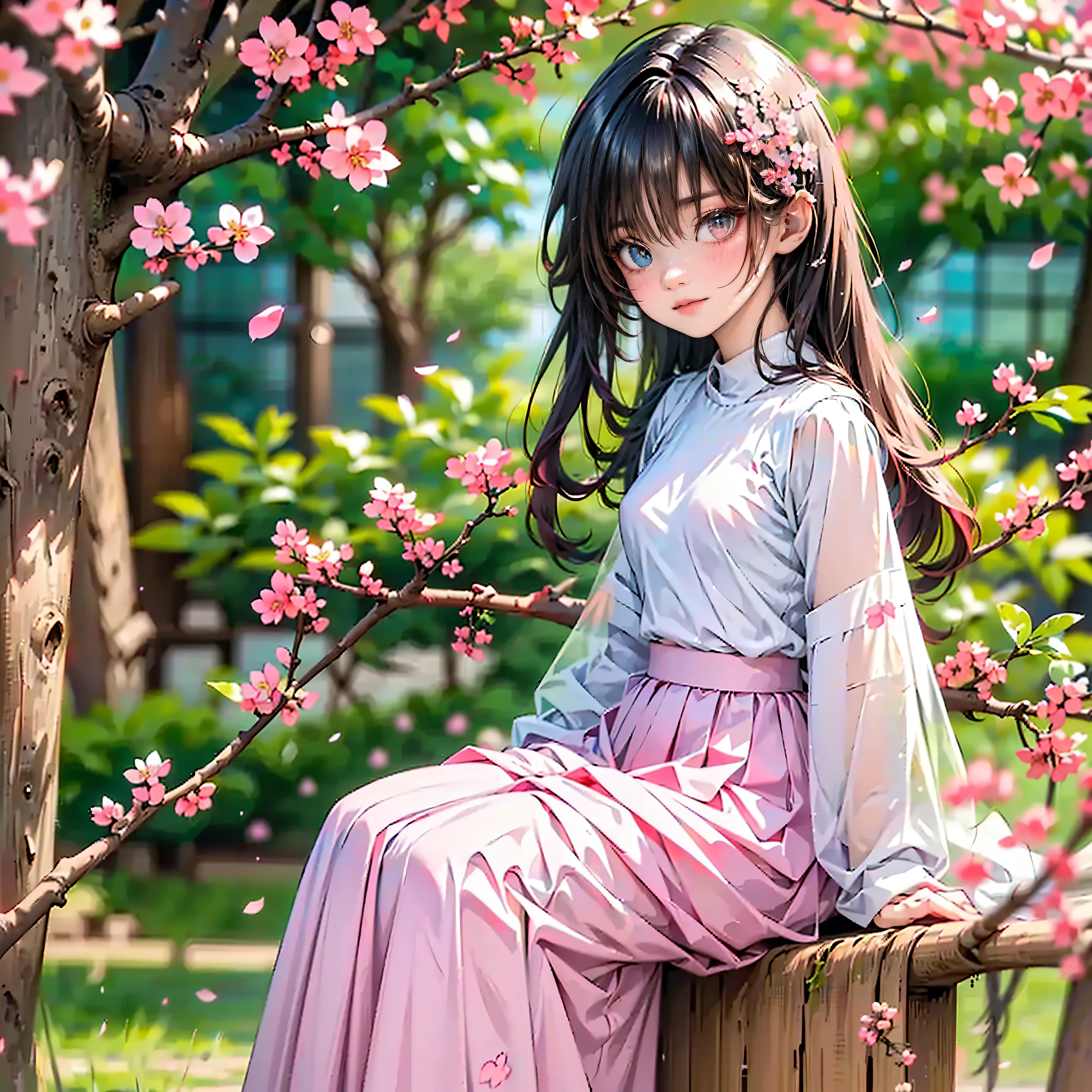 Best quality, 8K, Best quality, Masterpiece, Ultra-realistic, ((Cherry blossom petals fluttering down)), ((Odd-eyed high school girl)), ((Heterochromia, Red eyes, blue eyes)), ((Sparkling, delicate eyes)), (Very detailed eyes), (Long platinum and purple hair), Princess cut, ((Translucent, shining white skin)), Shining skin, Very white skin, ((Small breasts)), ((Anatomically accurate depiction)), ((Detailed depiction down to the fingertips)), ((Sitting leaning against a cherry blossom tree wearing a pink silk blouse embroidered with cherry blossoms), ((Wearing a pale pink flared skirt)), ((Rape blossoms and cherry blossoms in full bloom)), ((Sitting leaning against a cherry blossom tree)), ((Holding back hair blowing in the wind with one hand)), ((Cherry blossom hair ornament)), Lovely smile, Illuminated by the morning sun, Fantastic, Very beautiful, Light dances around her along with the glow of the rape blossoms and cherry blossoms,(highly detailed), shiny_skin,intricate, vivid eyes, crystal eyes, detailed eyes, long eyelashes, beautiful eyes, beautiful face, beautiful hair,special_eyes