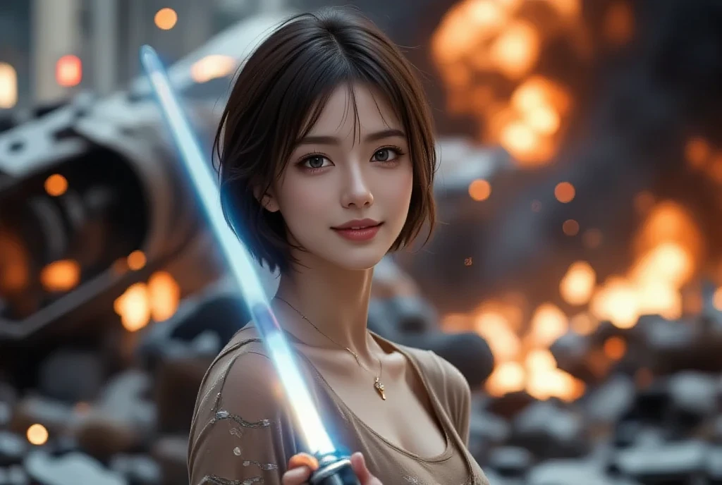 (8K, Raw photo, highest quality, masterpiece: 1.2), (realistic, photorealistic: 1.37), highest quality, Super detailed, high resolution, 1 girl, Siyun, A beautiful girl dressed as a Jedi Master, Holding a lightsaber, This is the world of Star Wars,