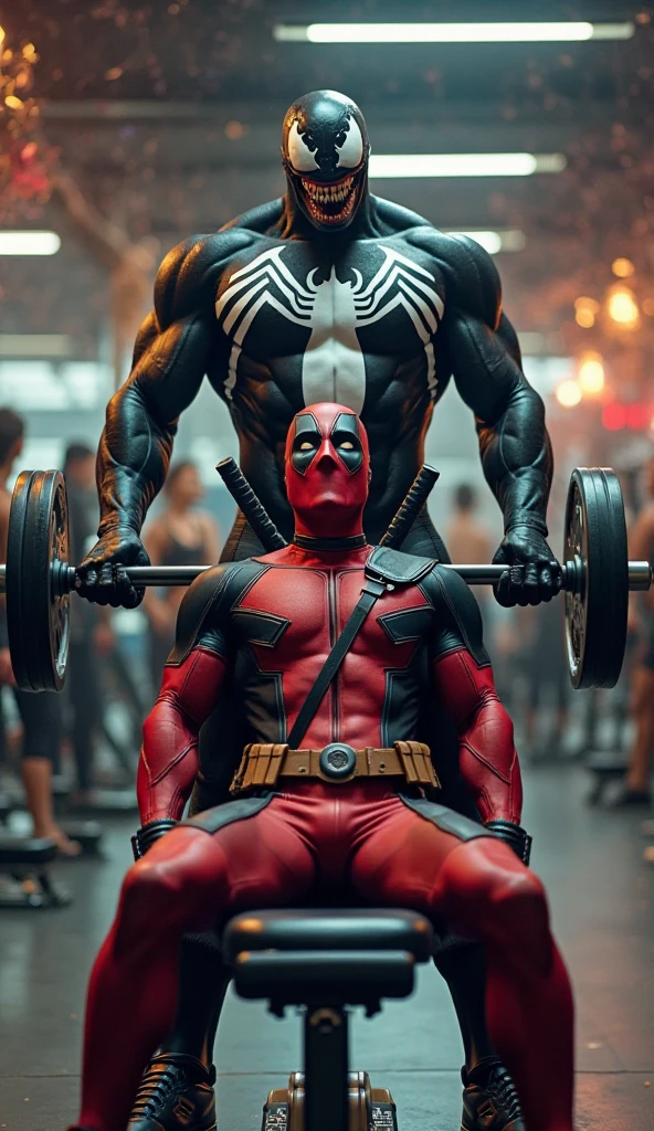 Wolverine and Deadpool at the gym training chest