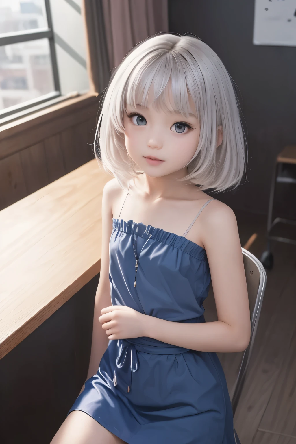 ((16k quality、 professional、top quality、masterpiece：1.3))、alone、Genuine、photorealistic、portrait、Slim Abs:1.2、Very beautiful 、((flat chested:1.4、AA Cup、Skinny beautiful girl:1.4))、(( completely naked、 dress shirt:1.3))、schools:1.4、platinum blonde hair、Silky Straight Short Hair、beautiful bangs、A delicate and cute girl、Slim Fit、thin body、Beautifully Detailed Eyes、 Attractive Thin Eyes、beautifully detailed nose、The ultimate beauty、 taking selfies、(Beautiful elementary school girl wil impression),selfie,How to Wear a Mask Properly,Beautiful Raised Eyes,famous Korean beautiful girl idol dancer,Flat chested to the point where bras are unnecessary,Hair color with pink in it,((( Beautiful Girl))),a shot above the knee,((Beautiful eyes that are thin and long on the side)),(The costume color is a combination of dark blue and pastel colors),silver pink hair color,An age where there is still a lot of ishness and innocence,Thin body type that is thin,Portrait above the knee showing how thin the legs and thighs are and how small the buttocks are,Portrait from the waist up showing the thinness of the chest and torso,When a girl takes it off,