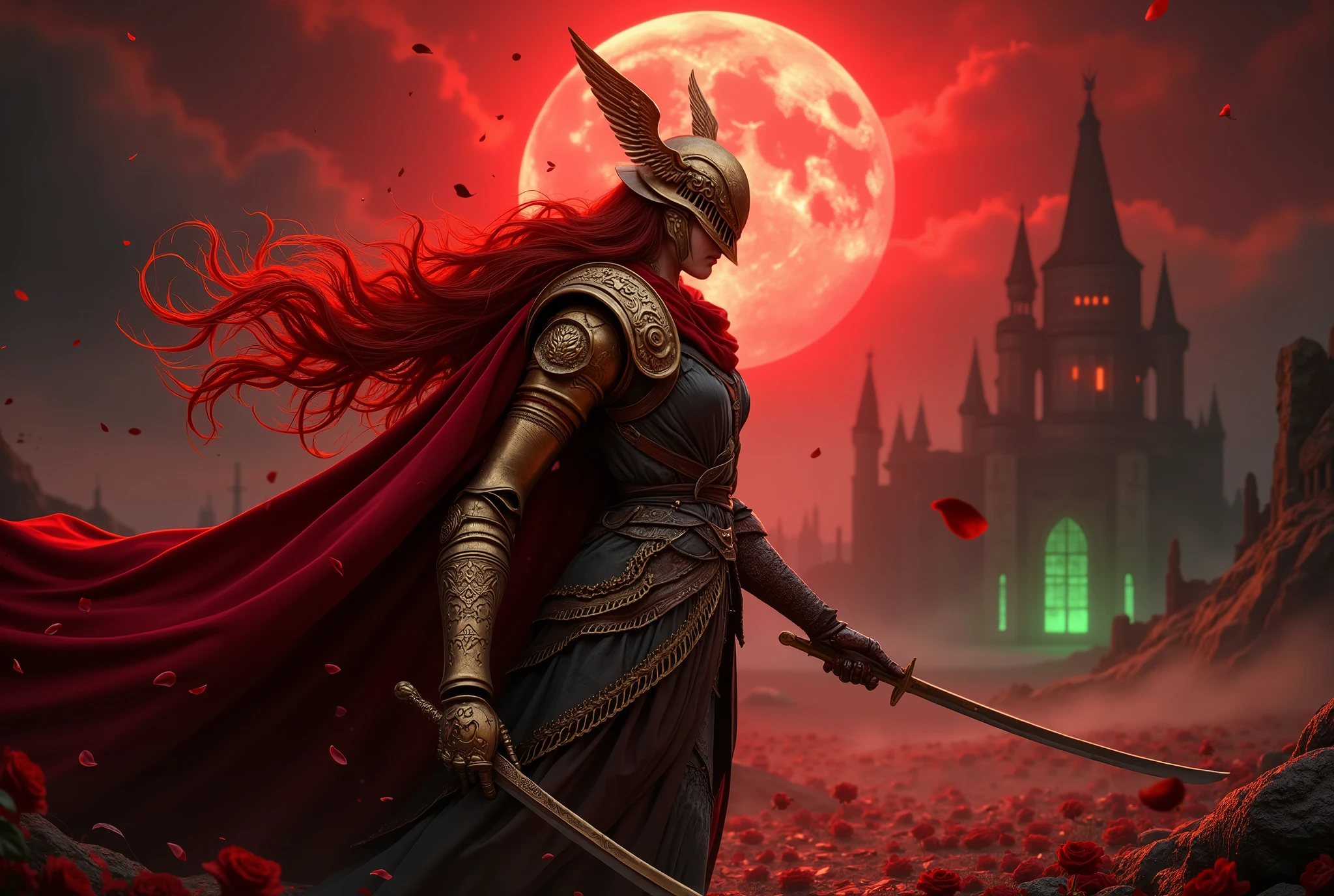 A highly detailed, ultra-realistic cinematic shot of Malenia, Blade of Miquella, standing in a dynamic battle pose under a blood-red full moon. She wears her signature ornate, battle-worn golden armor with intricate engravings, a flowing red cape, and her iconic winged helm partially obscuring her face. Her long, fiery red hair flows wildly in the wind, and her prosthetic arm gleams under the eerie crimson moonlight. The battlefield is filled with scattered red roses, their petals drifting through the air, adding a hauntingly beautiful contrast to the dark, misty ruins behind her. Green embers from her Scarlet Rot power swirl around her as she prepares to strike with her katana. The atmosphere is dark and ominous, illuminated only by the blood moon and faint glowing mist. Shot with a Sony A7R IV, 85mm f/1.2 lens, ultra-sharp details, cinematic lighting, 8K, photorealistic, dramatic composition.