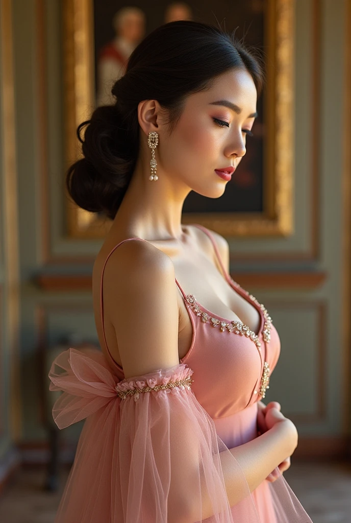 (generate a beautifull lady, gigantic breast, wear luxury strapless traditional dress, short hair, sit on luxury chair, hand on hips), (luxury table and flower vase), (parfume bottle), (candle on table), (show cleaveage), (show underboobs) ,(show sideboobs), (show thigh), (detailed flower hairpin), detail flower background, beautifull face, pretty face, beautifull eyes, beautifull nose, sexy lips, raytracing, beautifull fingers, beautifull hands, sexy belly, sexy body, sexy shoulders, sexy legs, sexy hips, (luxury bracelet), (luxury ring), (luxury necklace), beautifull nails , blue eye, perfect hand, perfect fingers, white skin, full body picture, pretty makeup, good lighting, realistic shadow, professional photography, 4k resolution, perfect anatomy, sfw