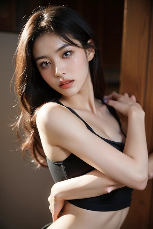 eine koreanische frau 18 posiert  auf einer halloween party , zwei Beine, nasses, welliges Haar im Wind. she's a men magazine model, She has a subtle smile and flirts with the camera, ,sie posiert in einem fotostudio (im Abendlicht:1.2), , perfekte Augen, Perfect hands, Perfect body, perfektes Haar, Perfekte Brust, Haare hinter dem Ohr, UHD, Retina, Meisterwerk, genau, anatomisch korrekt, strukturierte Haut, Super Detail, hohe Details, good quality, award-winning, Best quality, highres, 16k, 8k,