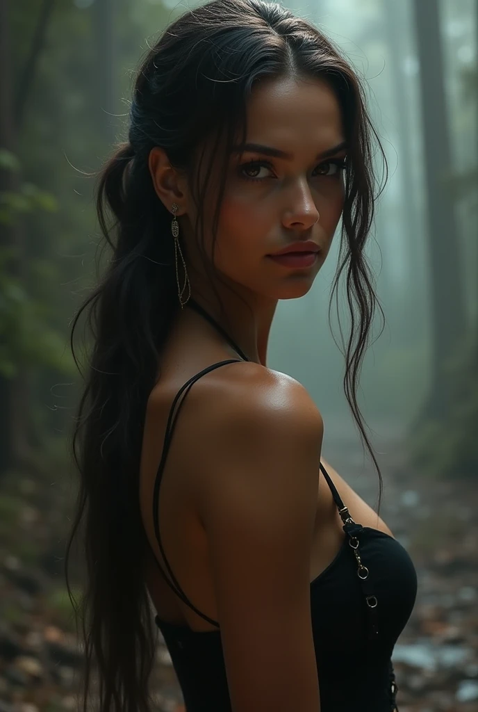 RAW, Full body, Half body of a beautiful 25-year-old woman, (African), long hair, ponytail, hard breasts, (pores), (dirty face), bathing in a clear river, big river,, (night), ((dusk)) , (backlight), (against light), (sun in the background), realistic, masterpiece, high quality, lens reflection, shadow, flower, (skin with realistic pores), dark, (night) , Matte, raw colors, real,nikon d850 stock film photography 4 kodak portra 400 camera f1.6 colors rich in hyper realistic lenses realistic texture dramatic lighting irrealengine trending on artstation cinestill 800 (epiCRealism), ((perfect))