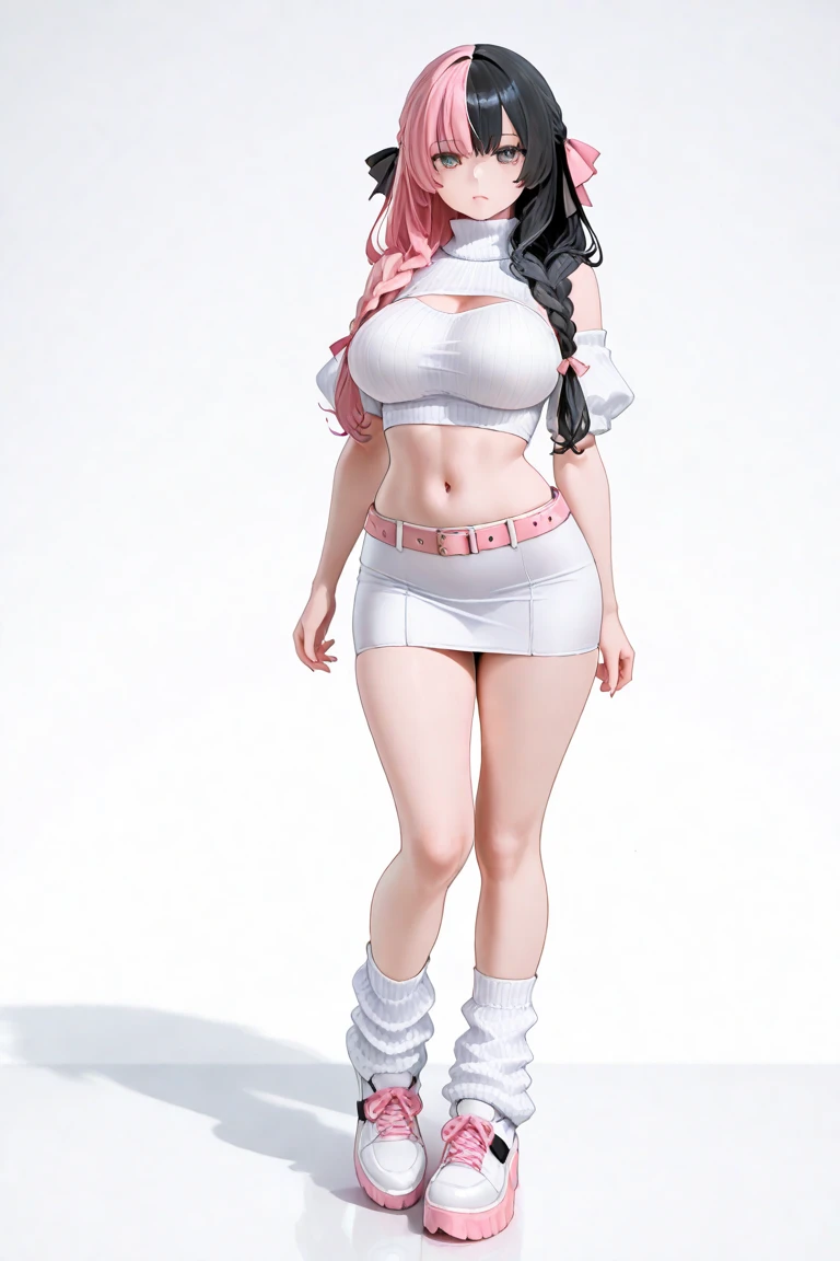 (masterpiece, highest quality:1.2), 1 girl, alone,Are standing_Split, 
Yuuki eats, long hair，white skirt，((nsfw:1.2)), ((bare chest, flat chest, pink nipples)), high heels, full body,
