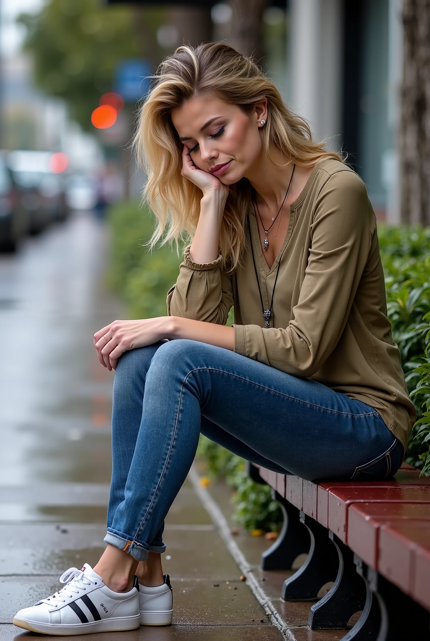 adolescente de 20 ans, grosse poitrine, yeux bleu, cheveux blond, sourire dent blanches, fond chaud