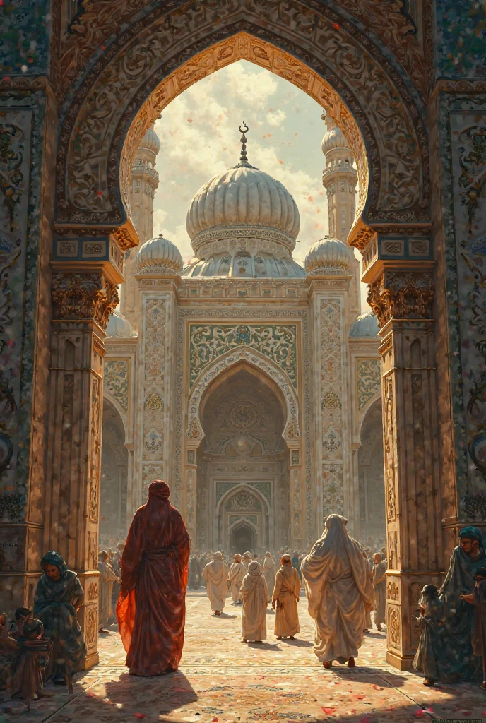 A huge mosque is on a golden hill, four types of prayers are being performed in the mosque, the color of the mosque is red.