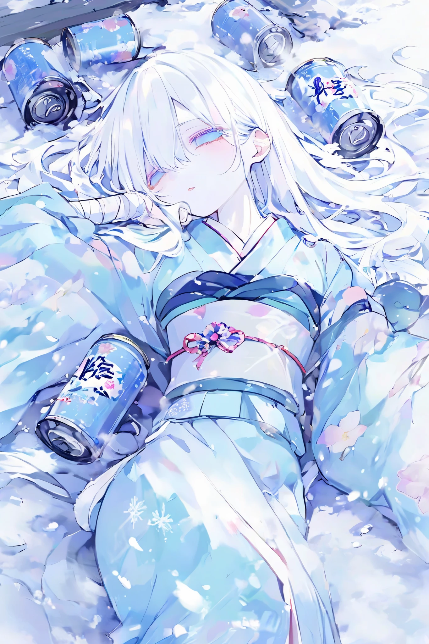 Snow falls, long-haired woman with white hair, Japanese style, emptiness and ephemeral kimono, long hair that hides her eyes, fantastic transparency, can be applied to fog, mysterious, clean, lying on her back, pastel color, bandages on her arms, covered with snow