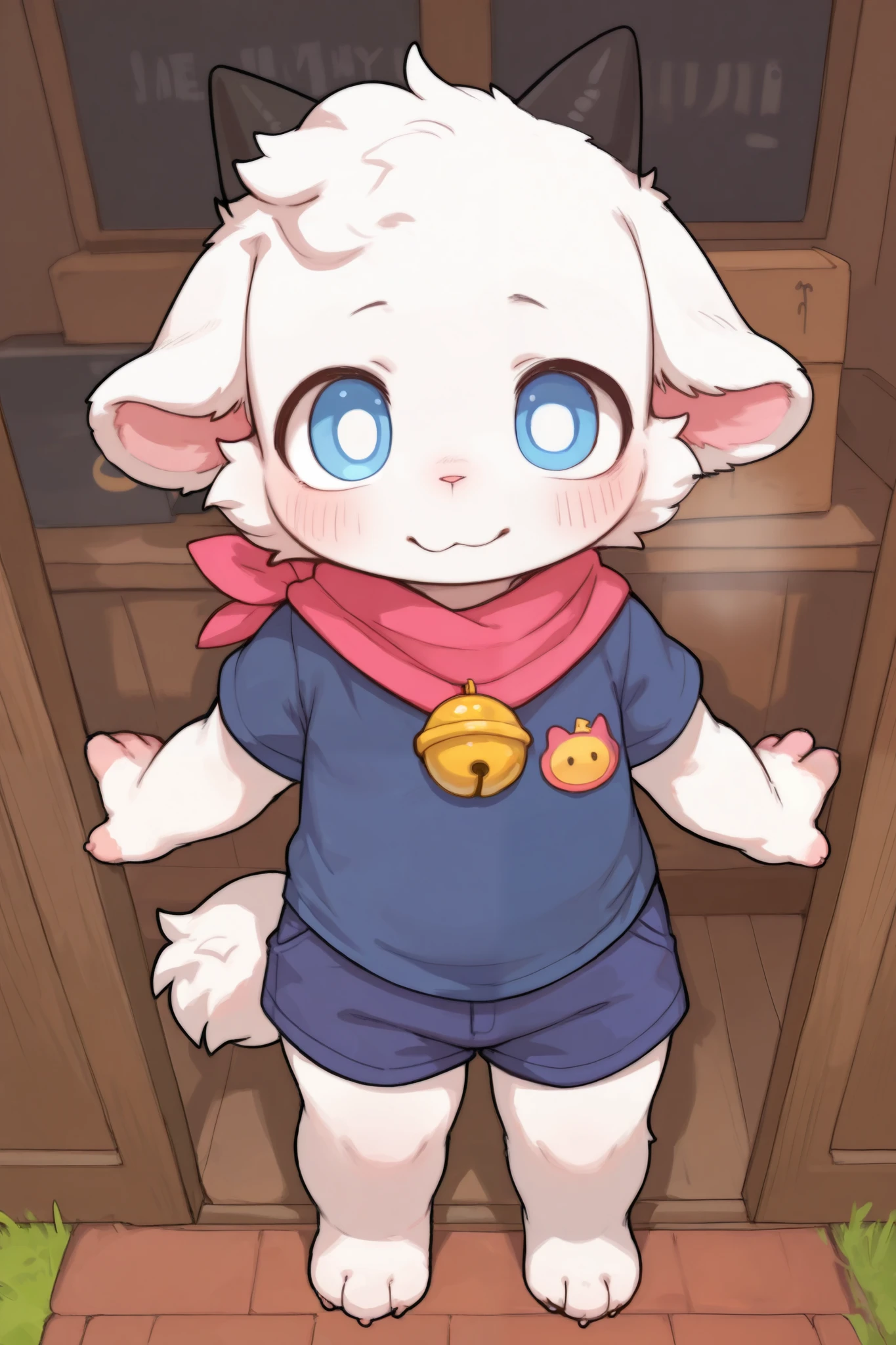 pygmy sheep,furry boy, Toddler Characteristics,white fur,Bell,scarf, shorts,Short sleeve