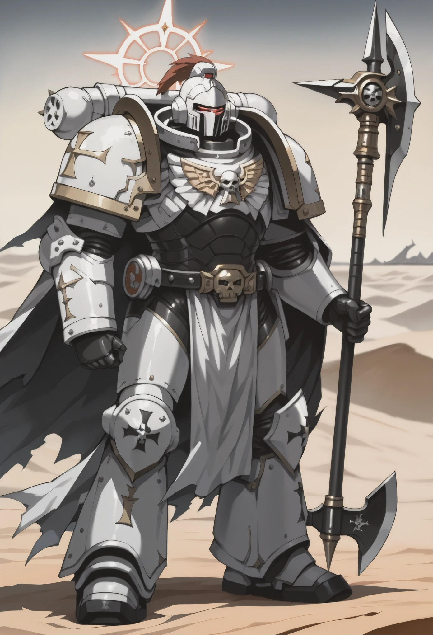 Illustration art, Absurd resolution, high resolution, (masterpiece: 1.4), hyper-detail, warhammer 40k, full body, glowing weapon, cloak, armor, trimmings, 1man, bulky, buff, plume, loin cloth, crusader helmet, reference sheet, iron halo, BlackT40k, full shot, Holding_Halberd_V1, power armor, Solo, standing in a desert, octosoup, oversize pauldrons, solo