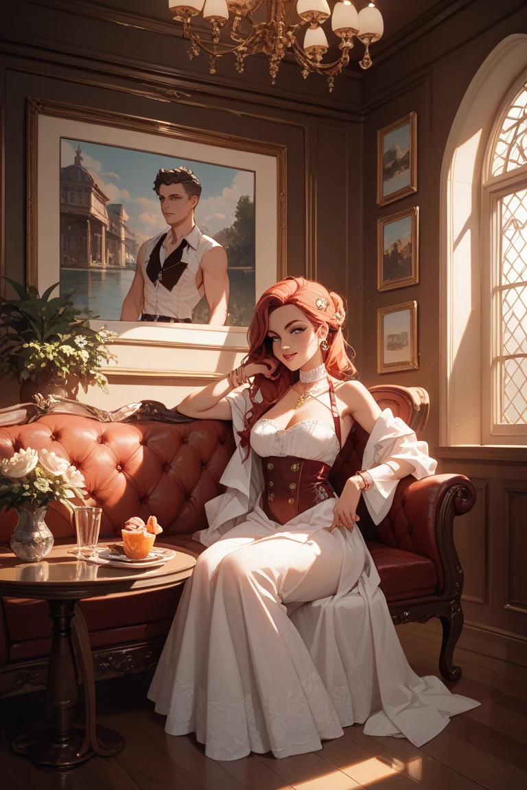 Misty sitting on a chair inside a mansion drinking a glass of red wine, daylight 