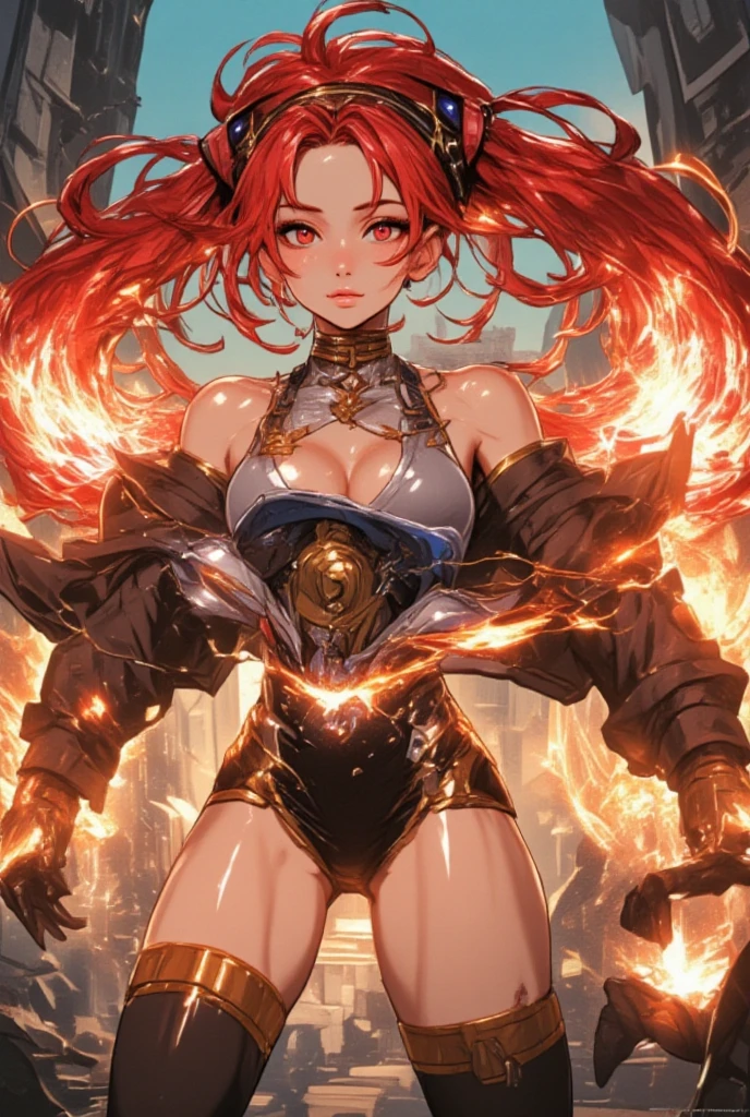 8k,A super muscular American female fire goddess, With the energy of a 20-year-old.,Super Beauty(Like the real thing),Staring angrily at the audience.,Orange Mohawk Hair,Sexy orange and black large chest armor(Fire God's Emblem),Orange Flame Gauntlets(Fire God's Emblem),Orange Flame Leg Guards(Fire God's Emblem),Orange and black shorts(Fire God's Emblem),Slender and muscular lower body,A dark and desolate land,Photorealistic RAW photos of the highest quality。Bright colors,Rich colors, Backlight, Cinema Lighting, Film Grain, 50mm lens, Nikon D850,Realistic Skin,Fantasy art,Character Art,Ultra-high resolution,Realistic Skin,Raised muscles,A 20-year-old beauty who is the goddess of fire,Black Flame God Costume(Orange flame emblem filigree),Energy Man,Showing off very intense and strong abs,Top-down view,Dynamic fighting pose,Uplifting,Bright Red Eyes,American Woman,Bodybuilding,Fighting style,Martial Arts Posture,Super muscle beauty,