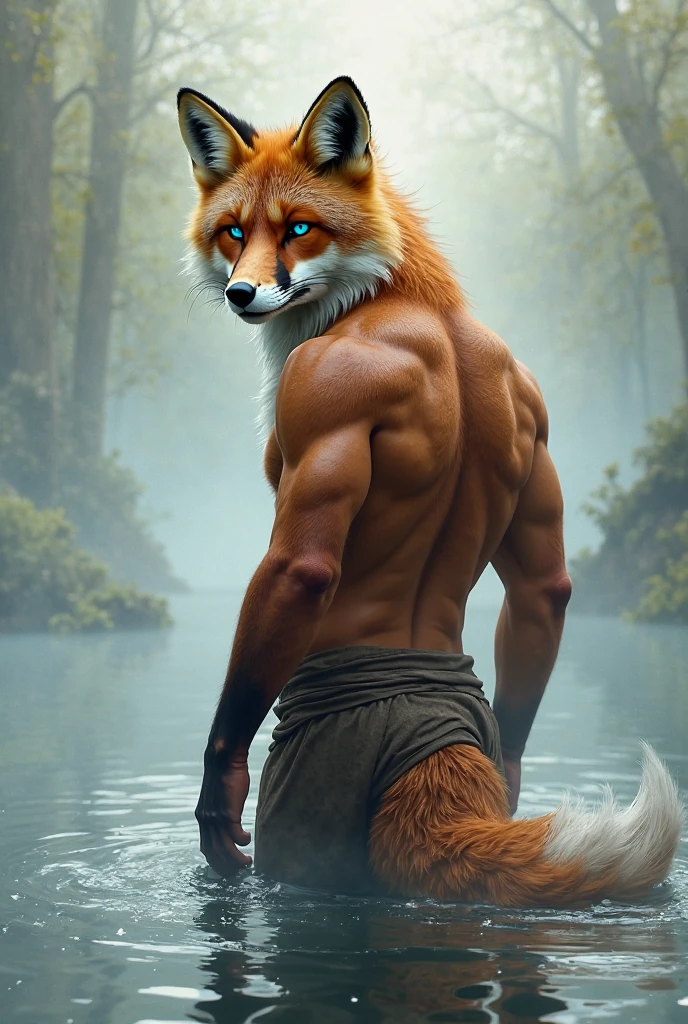 anthro fox man furry in the forest wearing jeans shirtless detailed fur long fur realistic fur digital art