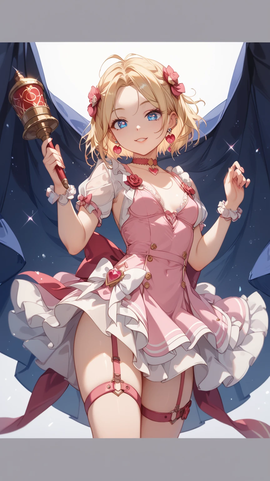(masterpiece, highest quality, ultra high res, ultra detailed:1.3), 1 cute girl, 18yo, ideal ratio body proportions, blonde short hair, (red magical girl outfit, black frilled mini skirt:1.3), puffy shoulders, bare arms, magic wand, (white cotton panties, 1 strange small animals:1.6), dynamic pose, night city, clothes covered nipples, smiling,