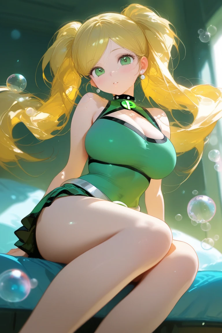 (from below:0.5), score_9_up,score_8_up, (Camie),1girl, solo, dark violet eyes, ((juice)), green hair, short hair, blush, nature, bubbles, closed mouth, smile, big breast, pose, ((sitting )), (thin girl:1.2), mermaid