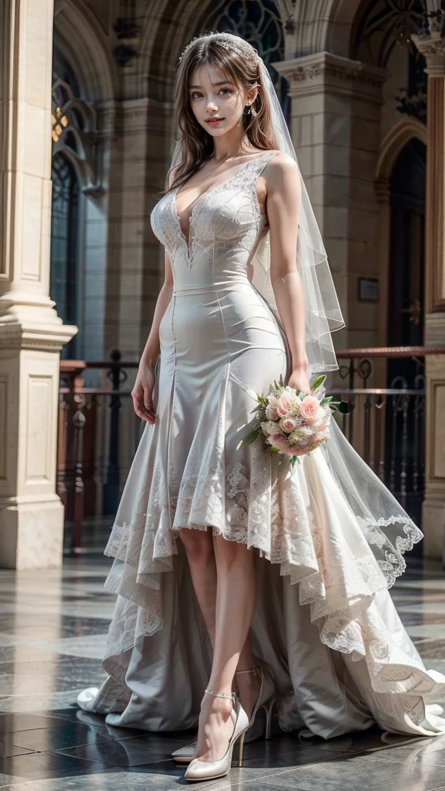 beautiful Latin woman in a wedding dress, the neckline of the dress reveals her nipples; Her dress is fitted and shows off her beautiful, curvy hips; The opening of her dress reveals her juicy vulva; She has lipstick painted lipstick, light makeup on her cheekbones, wonderful details on her eyelashes; she is standing outside the baroque style church; extremely sensual figure, expressions of sexual innuendo, seductive look