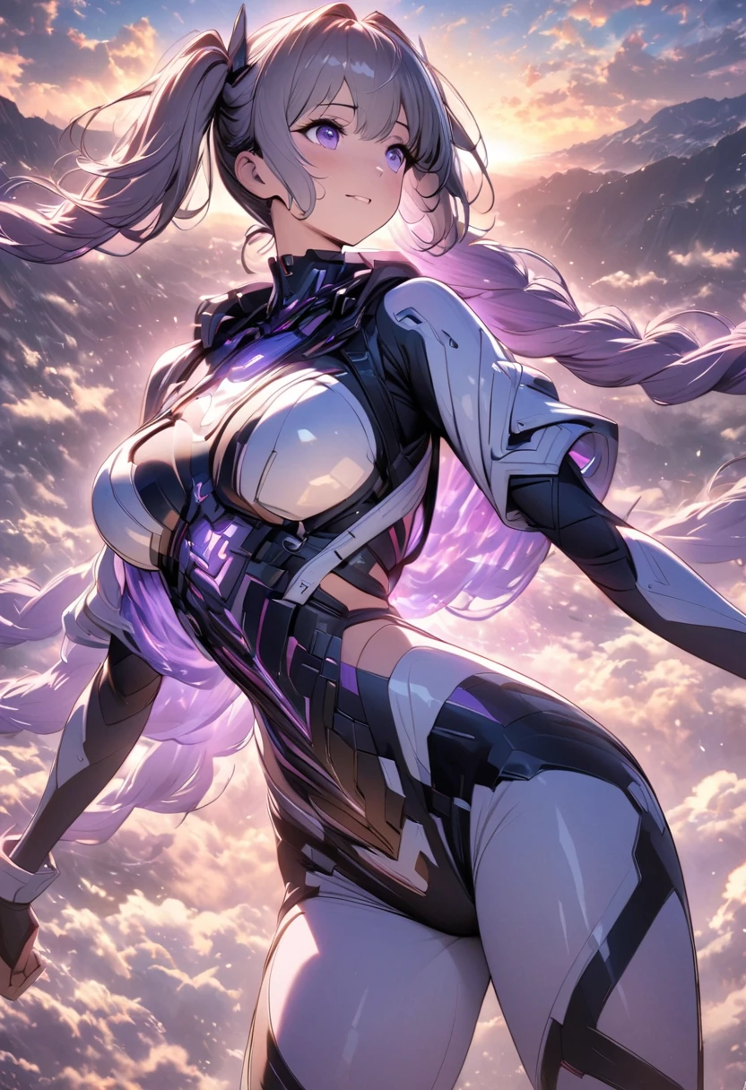 this is、A charming and realistic anime scene featuring a woman with a purple double ponytail。. She is wearing a black and white skeleton battle suit.、Accentuating the elegant curves、It exudes a divine aura like a goddess.。. Against the spectacular backdrop of a sunset、Hall々and, Clouds and the vast universe. With the use of advanced lighting technology、The overall atmosphere of the image is improved.。 (Includes volumetric lighting and ambient shading), Create truly immersive and colorful experiences.