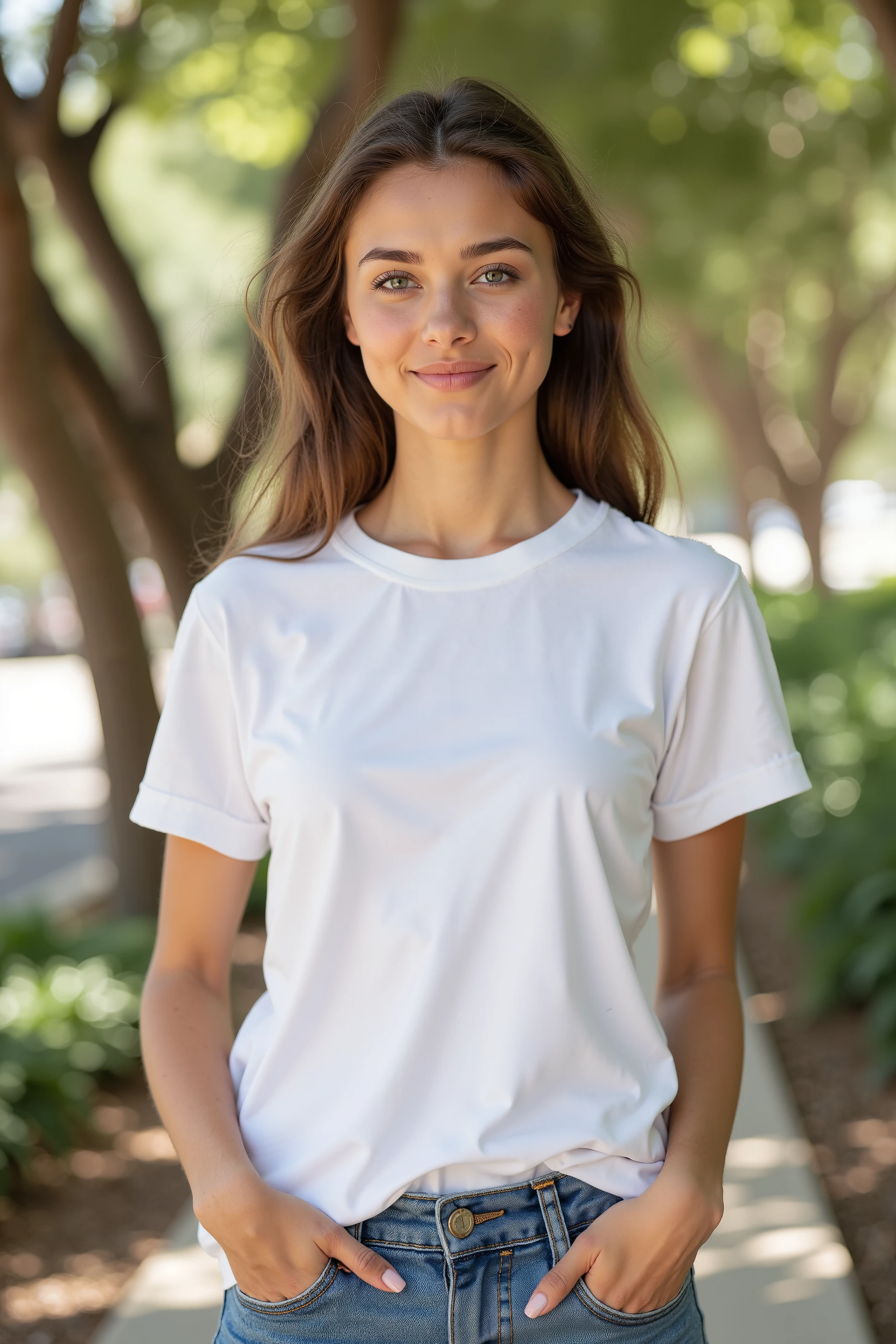 RAW photo, 1woman of 25 years old, a (portrait:1.2) of full body a cute woman wears jeans and a white Tshirt, (high detailed skin:1.2), 8k uhd, dslr, soft lighting, high quality, film grain, Fujifilm XT3, perfect angle