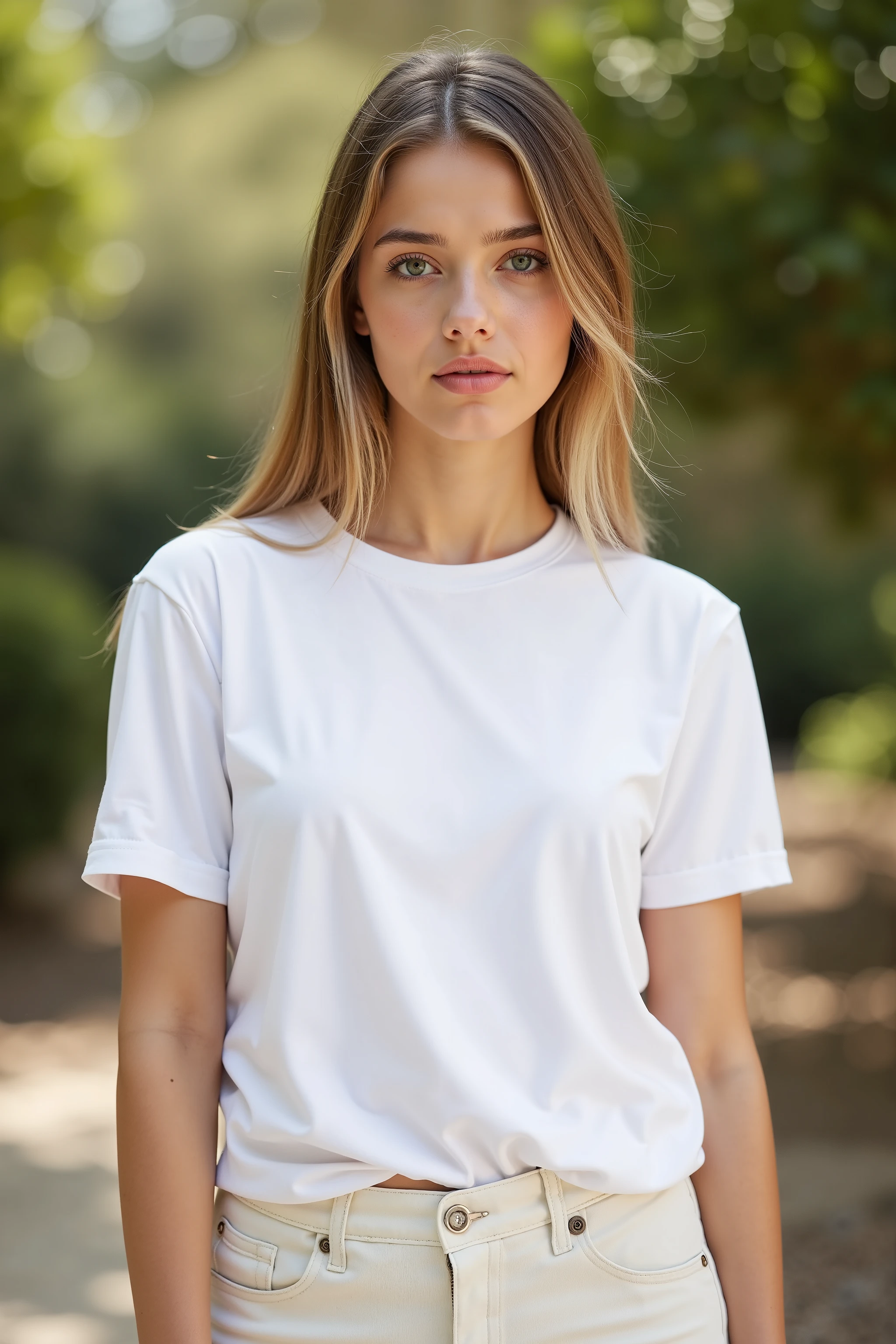 Please make a front view photo of a trendy model wearing a white cotton t-shirt with the concept of taking a look book outdoors  

