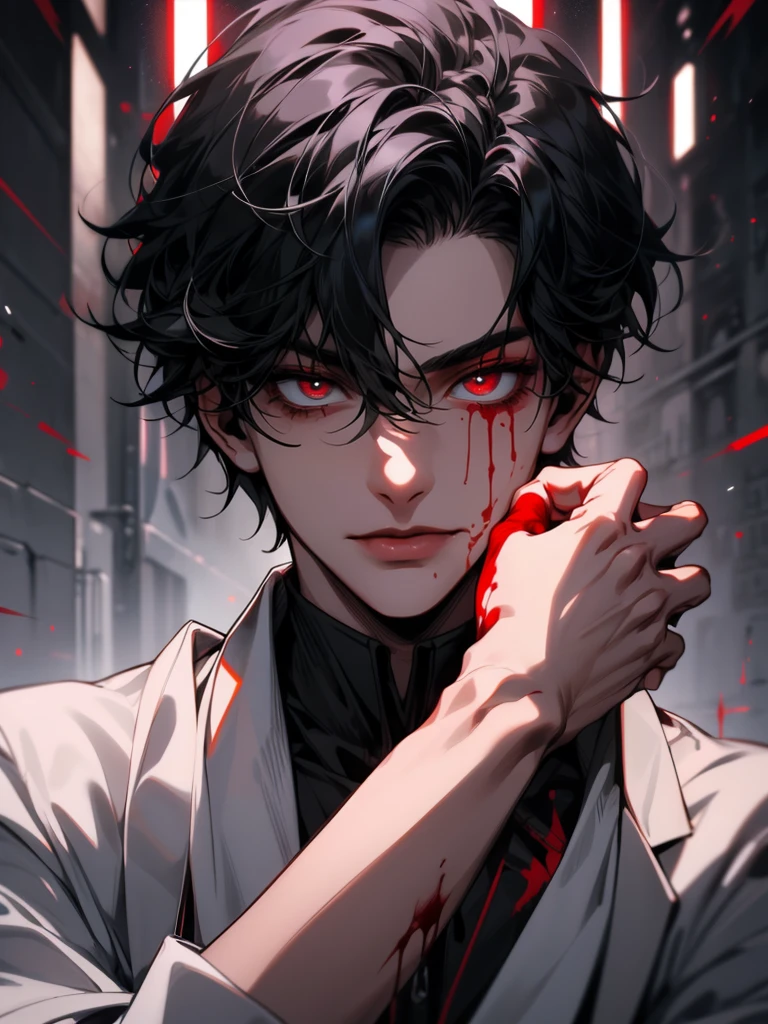 At night, by the window, Red Moon, a handsome boy, about to turn into a zombie, short black hair, white suit, red eyes, energy flow, a large piece of meat in front of him, a large piece of meat, no blood, highly real, 4K, chiaroscuro, super high detail